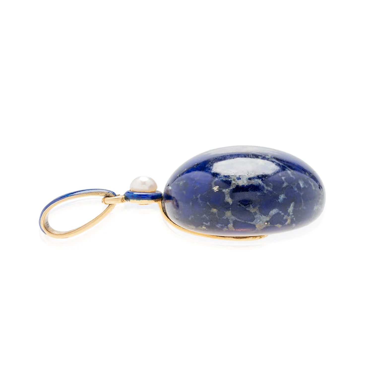 Victorian 18kt, Pearl, Enamel + Carved Lapis Lazuli Earrings, Pendant + Button Set - Image 9