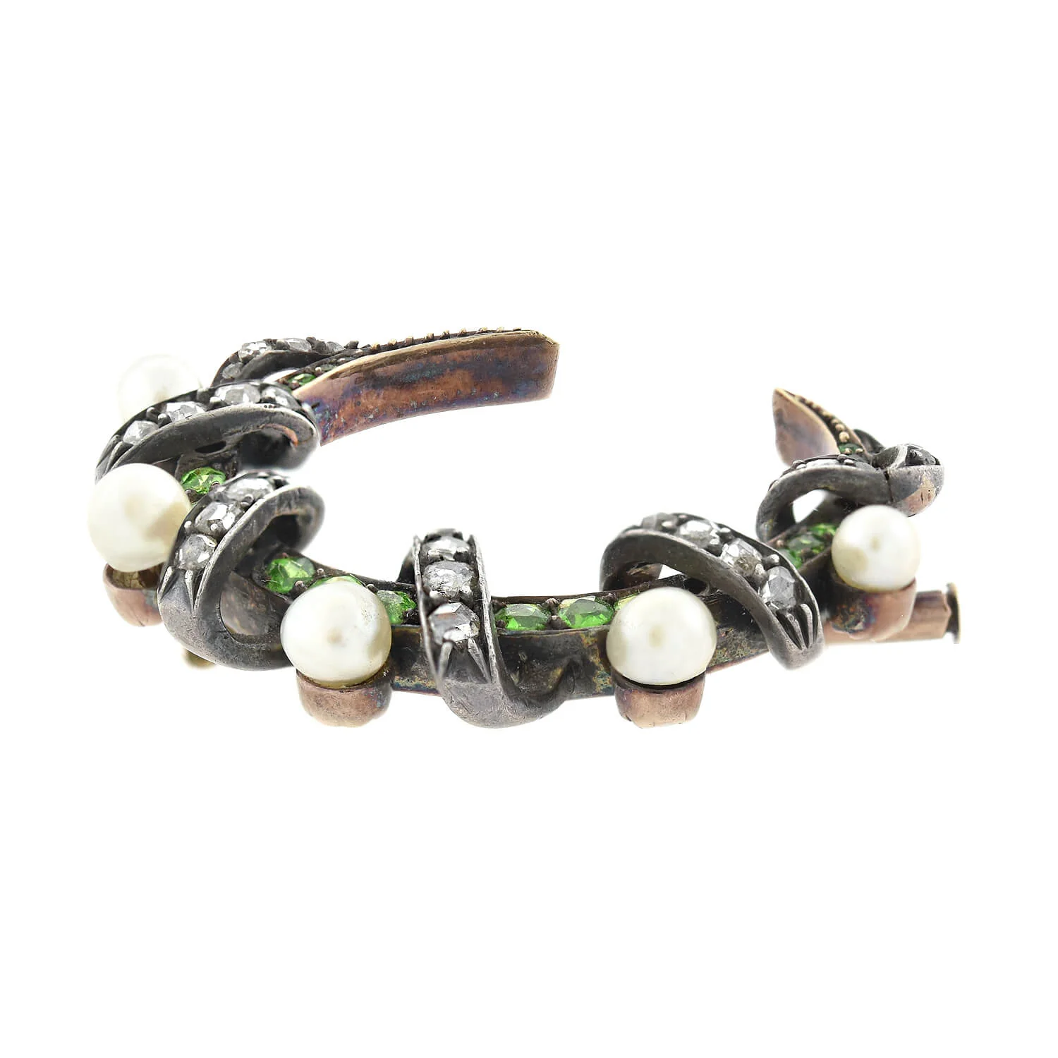 Victorian 18kt/Sterling Demantoid Garnet, Diamond + Pearl Crescent Moon Pin - Image 2