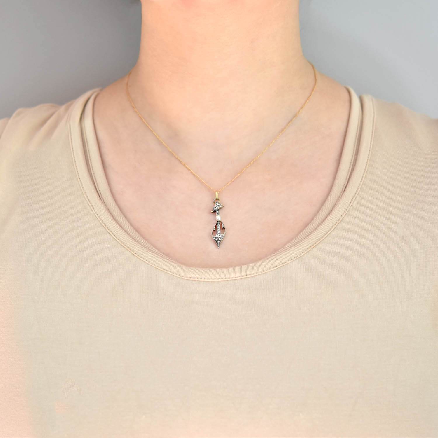 Victorian 18kt/Sterling Diamond + Pearl Anchor Necklace - Image 6