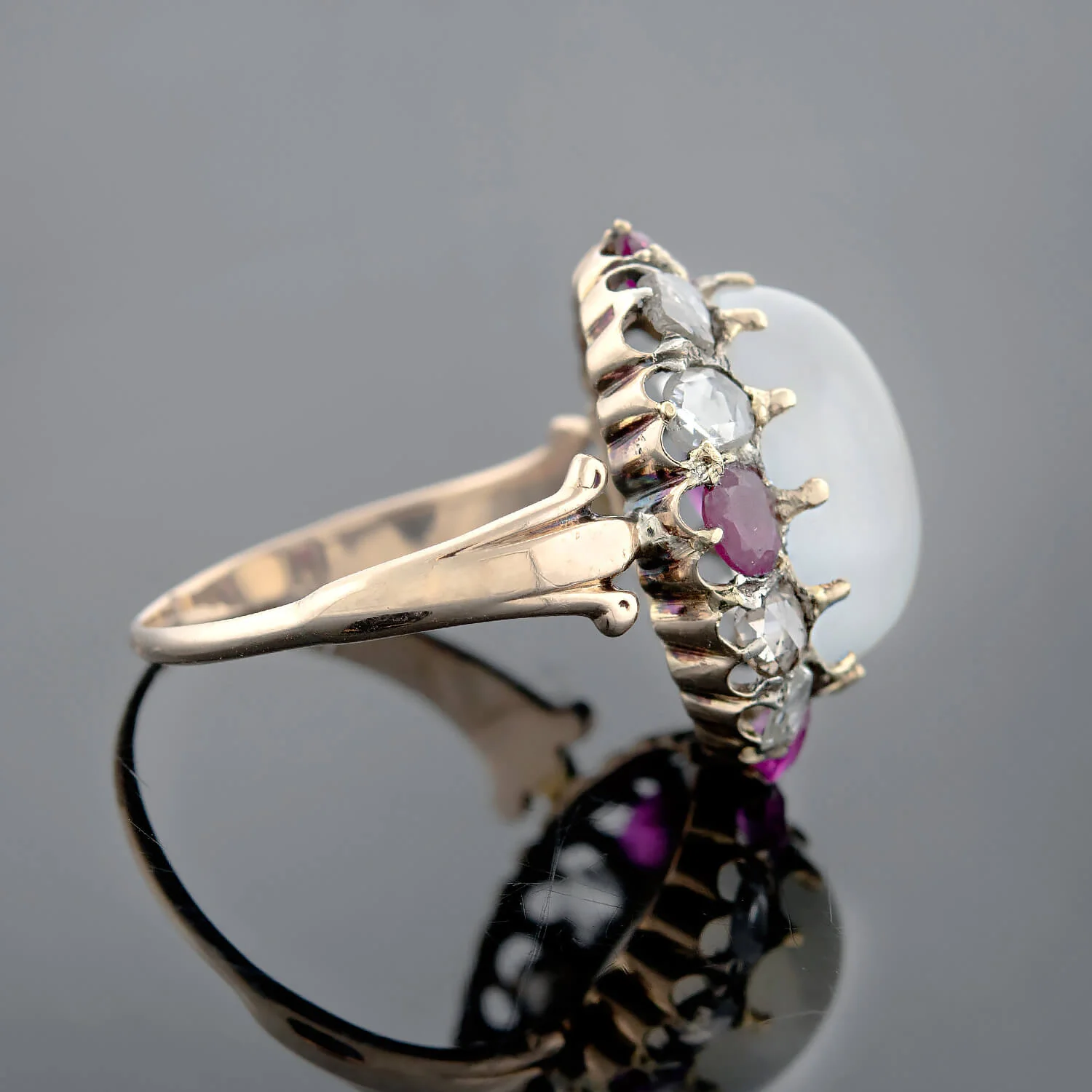Victorian 18kt/Sterling Moonstone, Ruby + Rose Cut Diamond Cluster Ring - Image 2