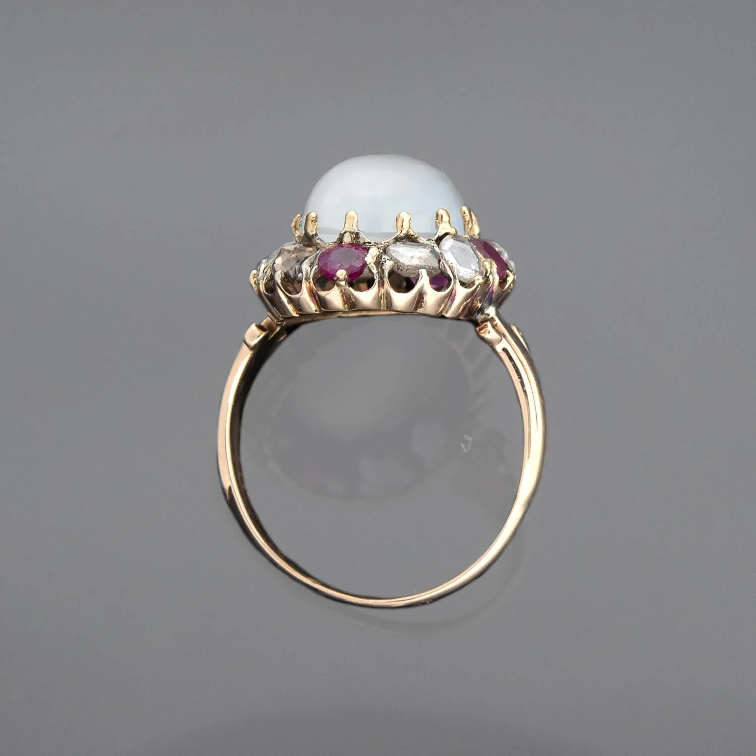 Victorian 18kt/Sterling Moonstone, Ruby + Rose Cut Diamond Cluster Ring - Image 3