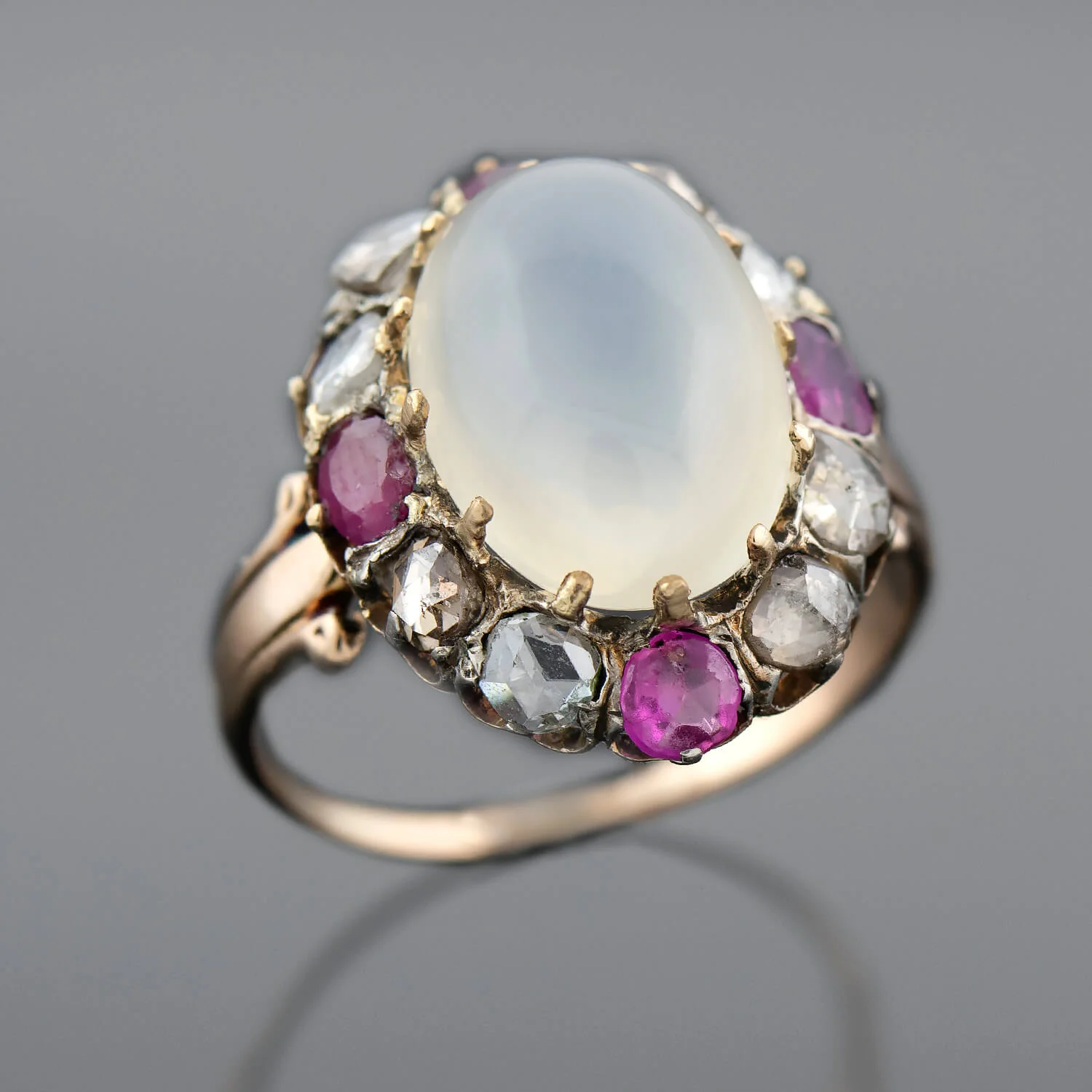 Victorian 18kt/Sterling Moonstone, Ruby + Rose Cut Diamond Cluster Ring - Image 4