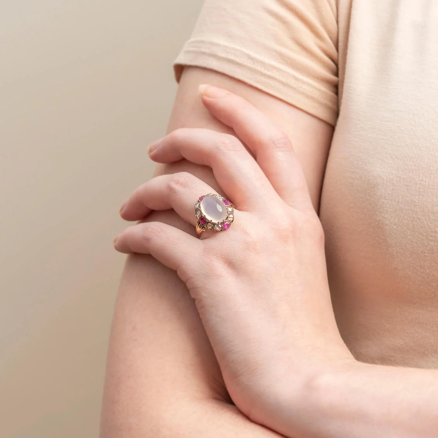 Victorian 18kt/Sterling Moonstone, Ruby + Rose Cut Diamond Cluster Ring - Image 6