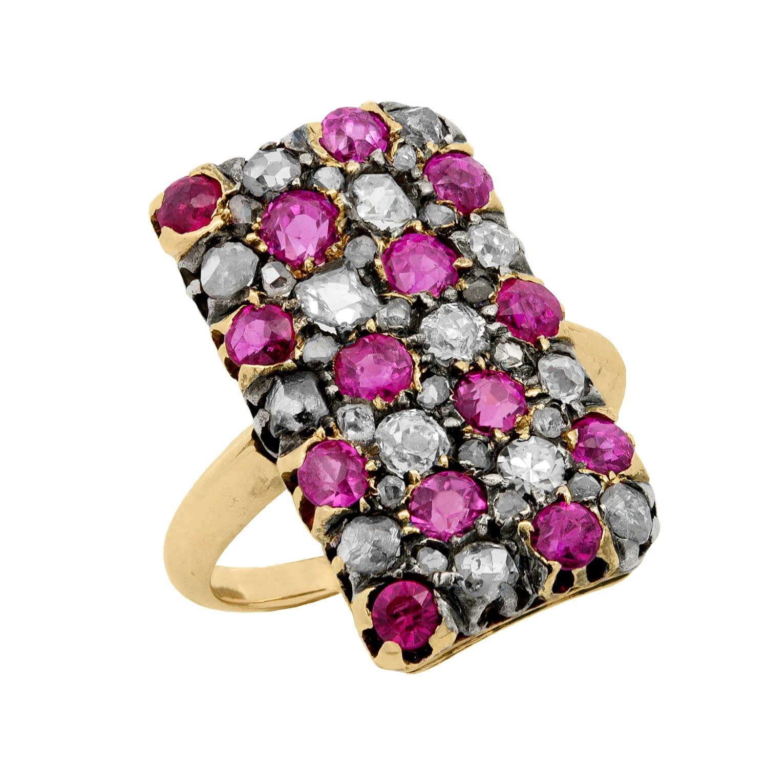 Victorian 18kt/Sterling Silver Ruby and Diamond Checkerboard Ring - Image 4