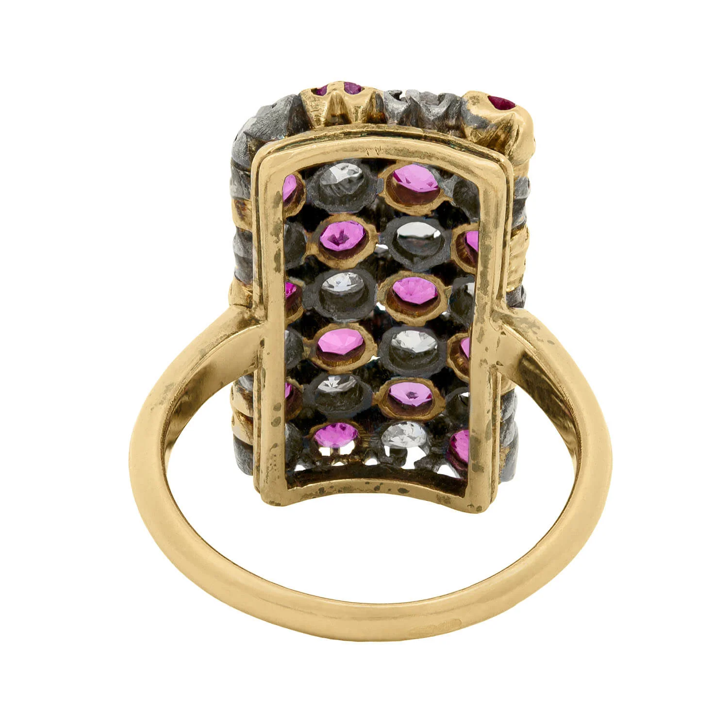 Victorian 18kt/Sterling Silver Ruby and Diamond Checkerboard Ring - Image 5