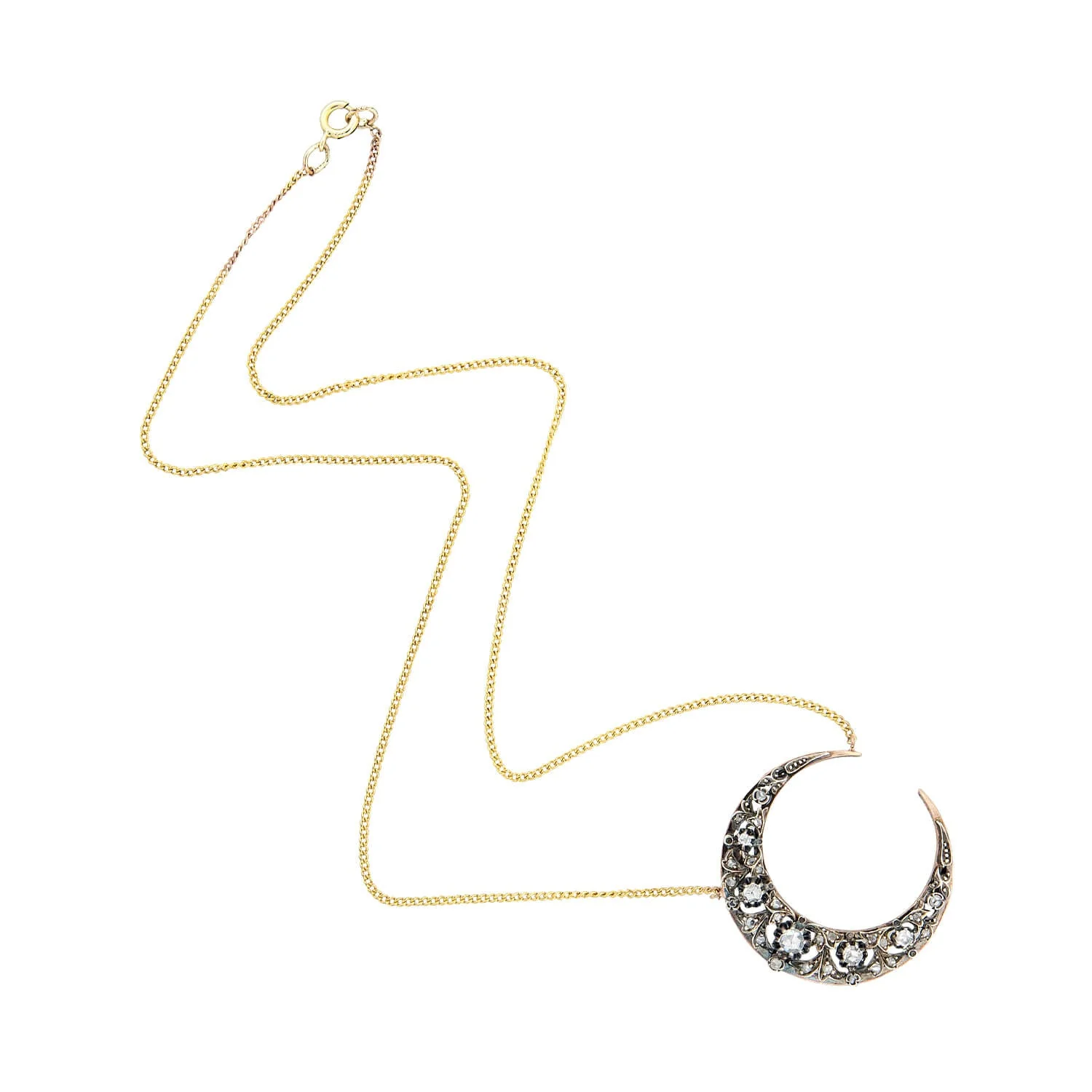 Victorian 18k + Sterling Topped Diamond Crescent Moon Necklace - Image 2
