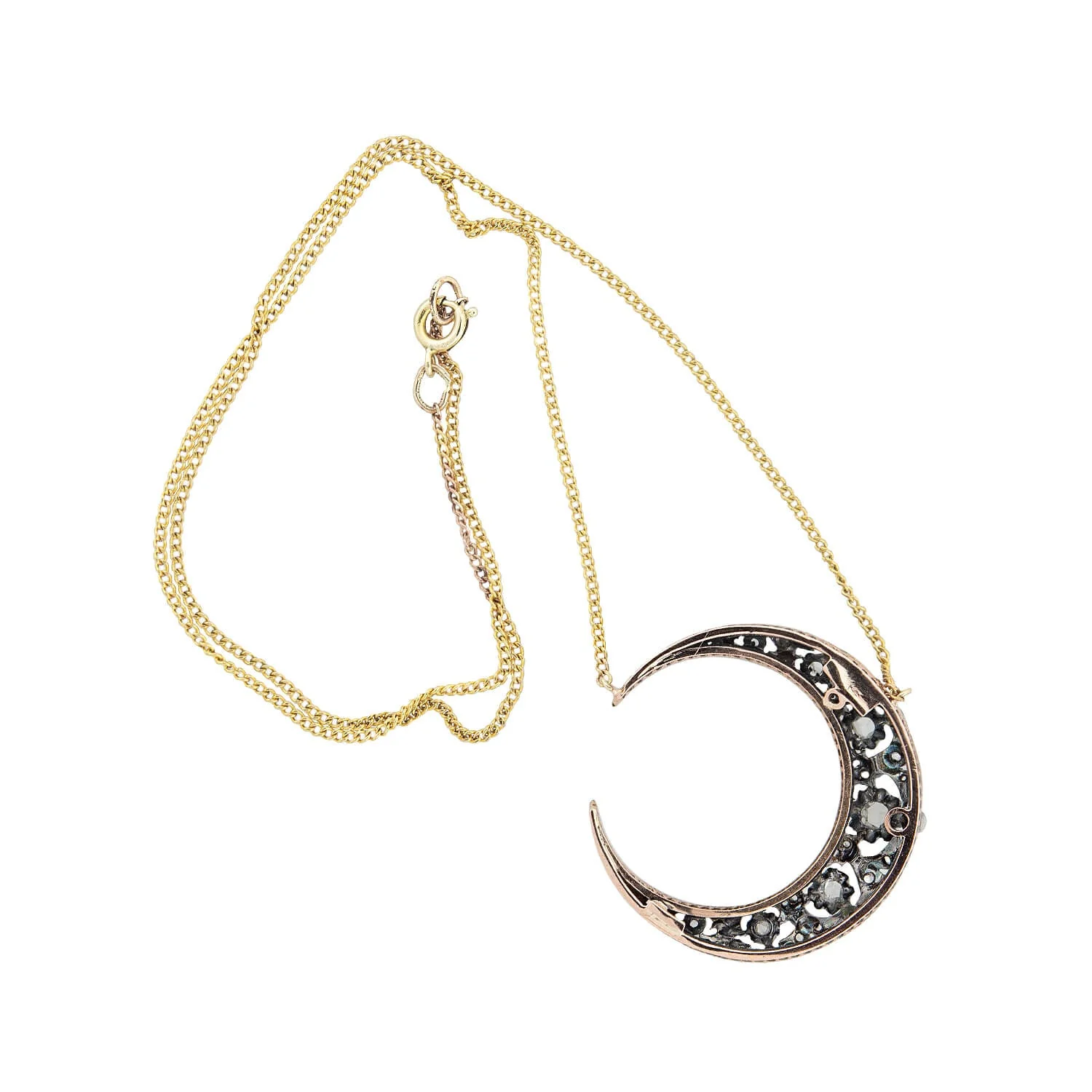 Victorian 18k + Sterling Topped Diamond Crescent Moon Necklace - Image 4