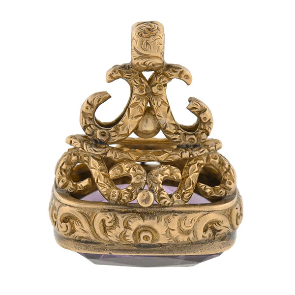 Victorian 9kt Repousse Faceted Amethyst Fob - Image 2