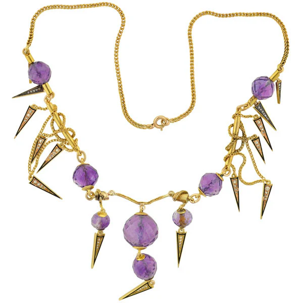 Victorian Amethyst & Diamond Enameled Festoon Necklace - Image 2