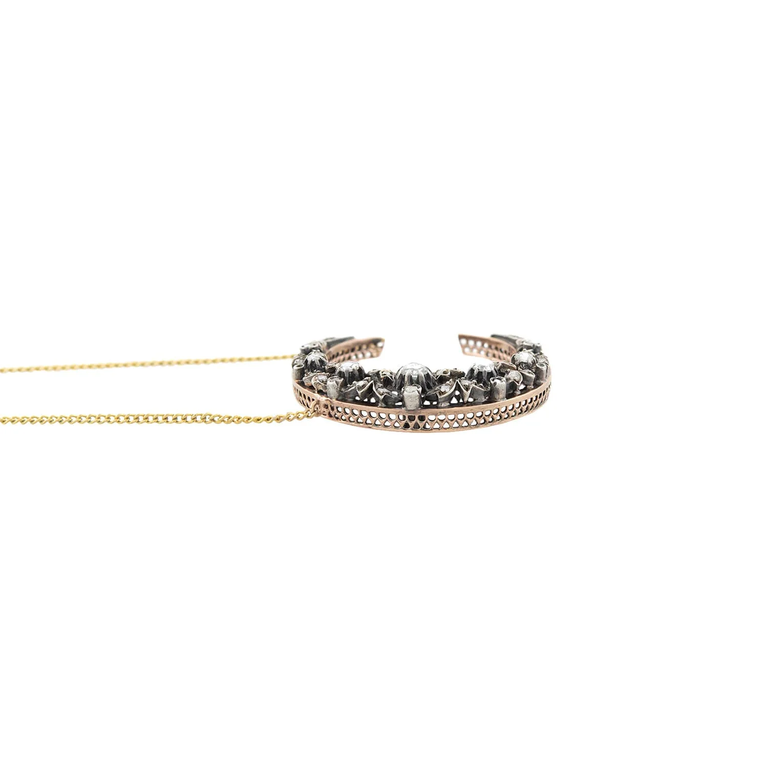 Victorian Conversion 18kt/Sterling Rose Cut Diamond Crescent Moon Necklace - Image 3