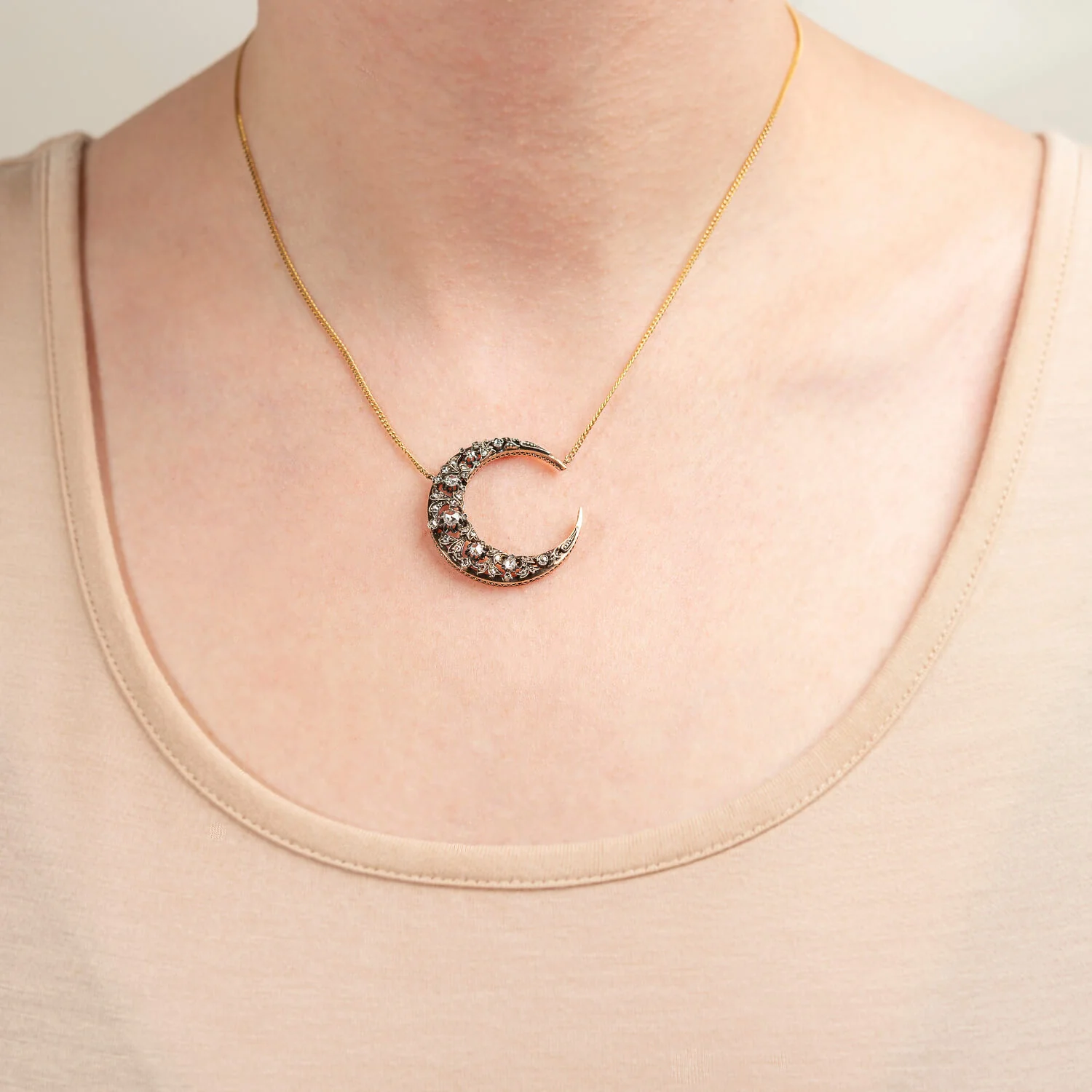 Victorian Conversion 18kt/Sterling Rose Cut Diamond Crescent Moon Necklace - Image 6
