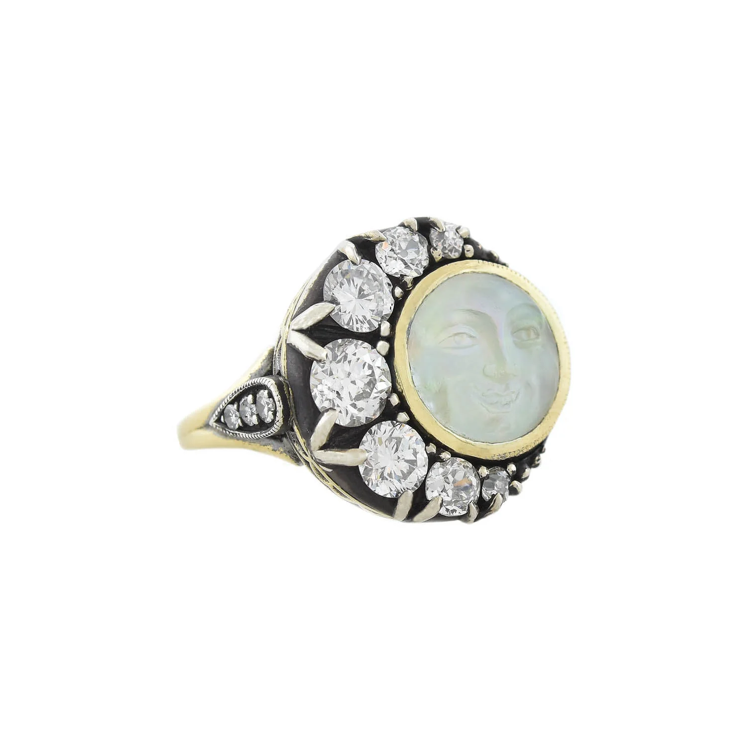 Victorian Custom 18kt/Sterling Diamond + Saphiret Glass Man in the Moon Ring - Image 2