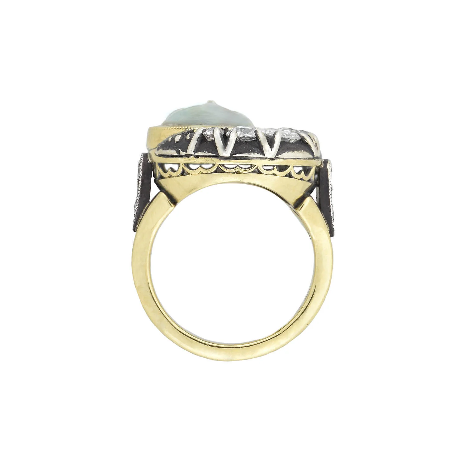 Victorian Custom 18kt/Sterling Diamond + Saphiret Glass Man in the Moon Ring - Image 4