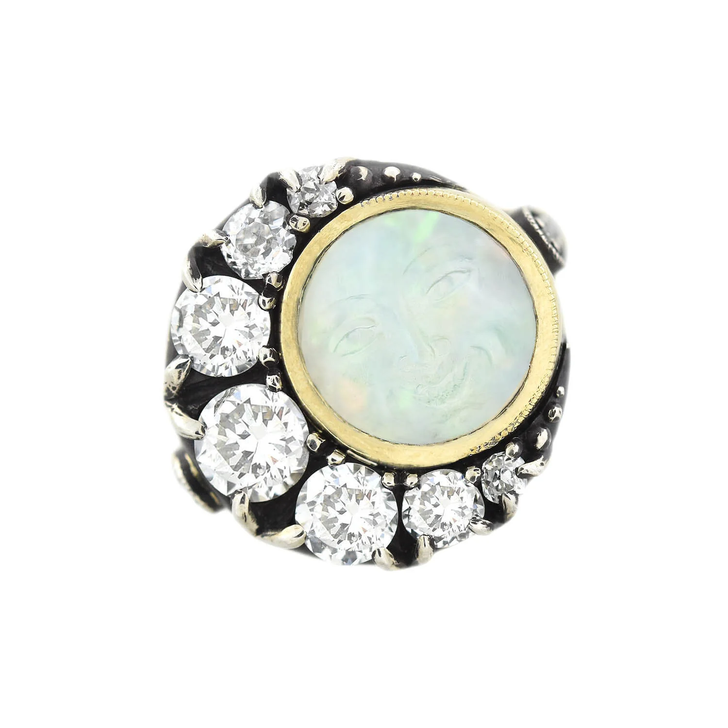 Victorian Custom 18kt/Sterling Diamond + Saphiret Glass Man in the Moon Ring - Image 5