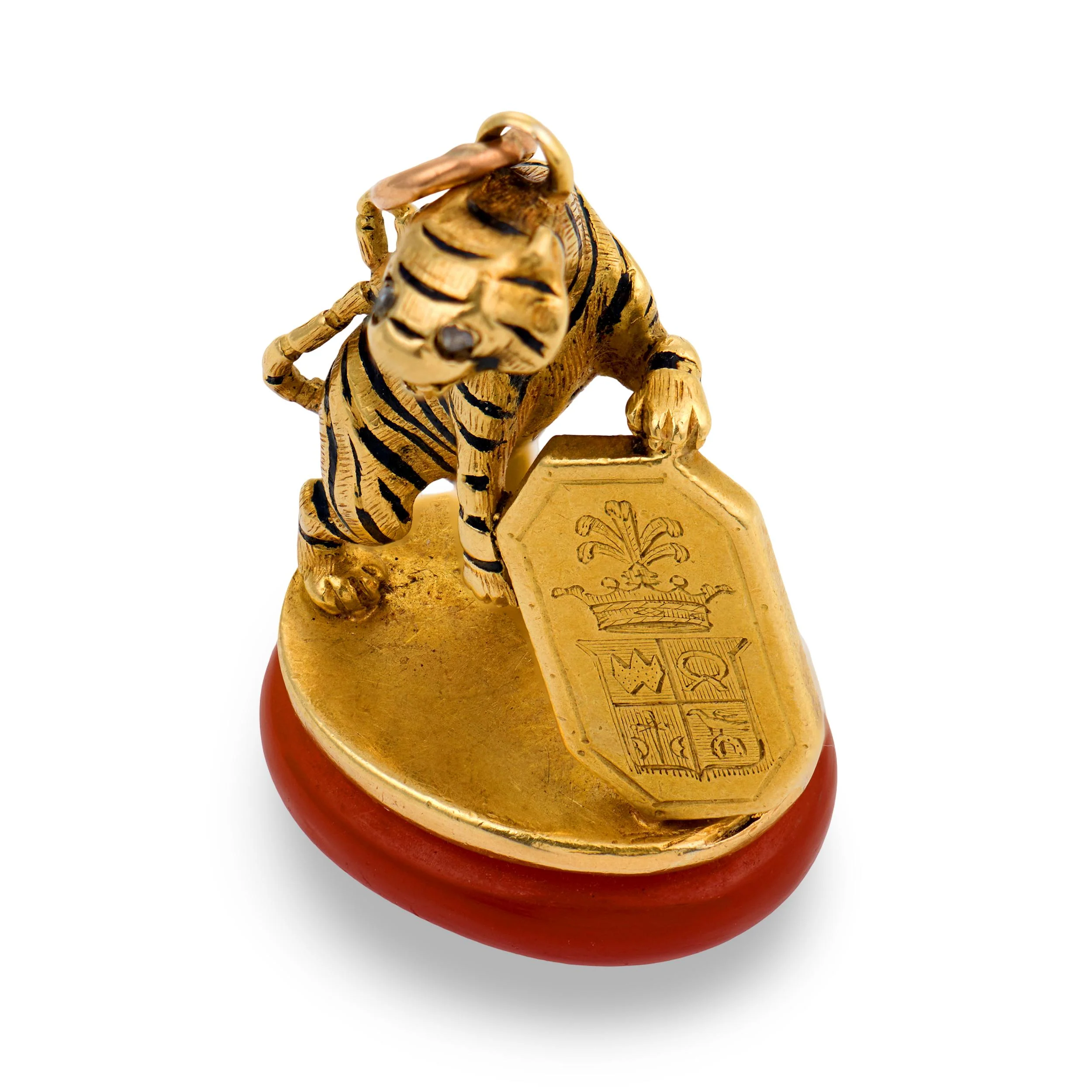 Victorian French 18k Carnelian, Diamond, & Enamel Tiger Fob - Image 3