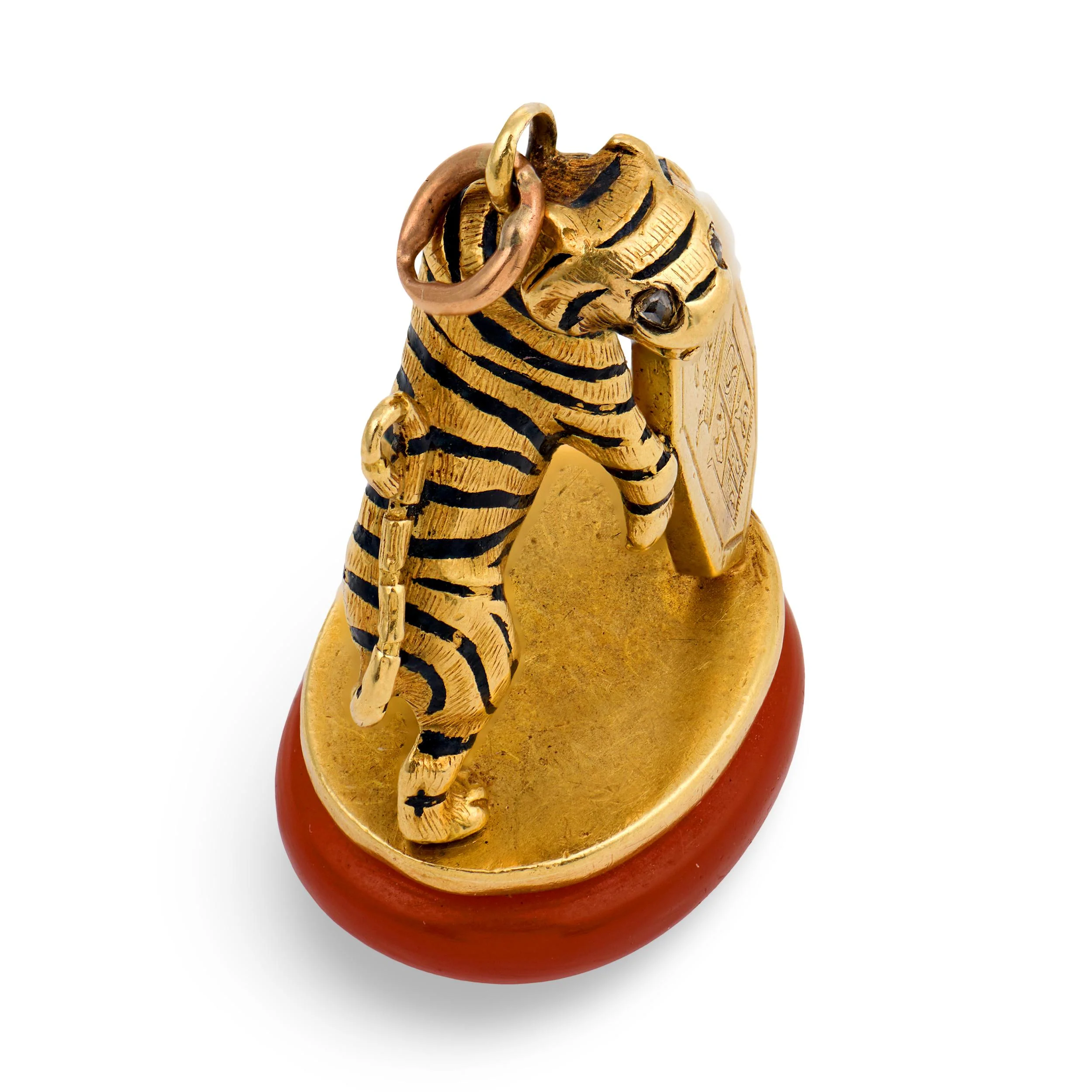 Victorian French 18k Carnelian, Diamond, & Enamel Tiger Fob - Image 4