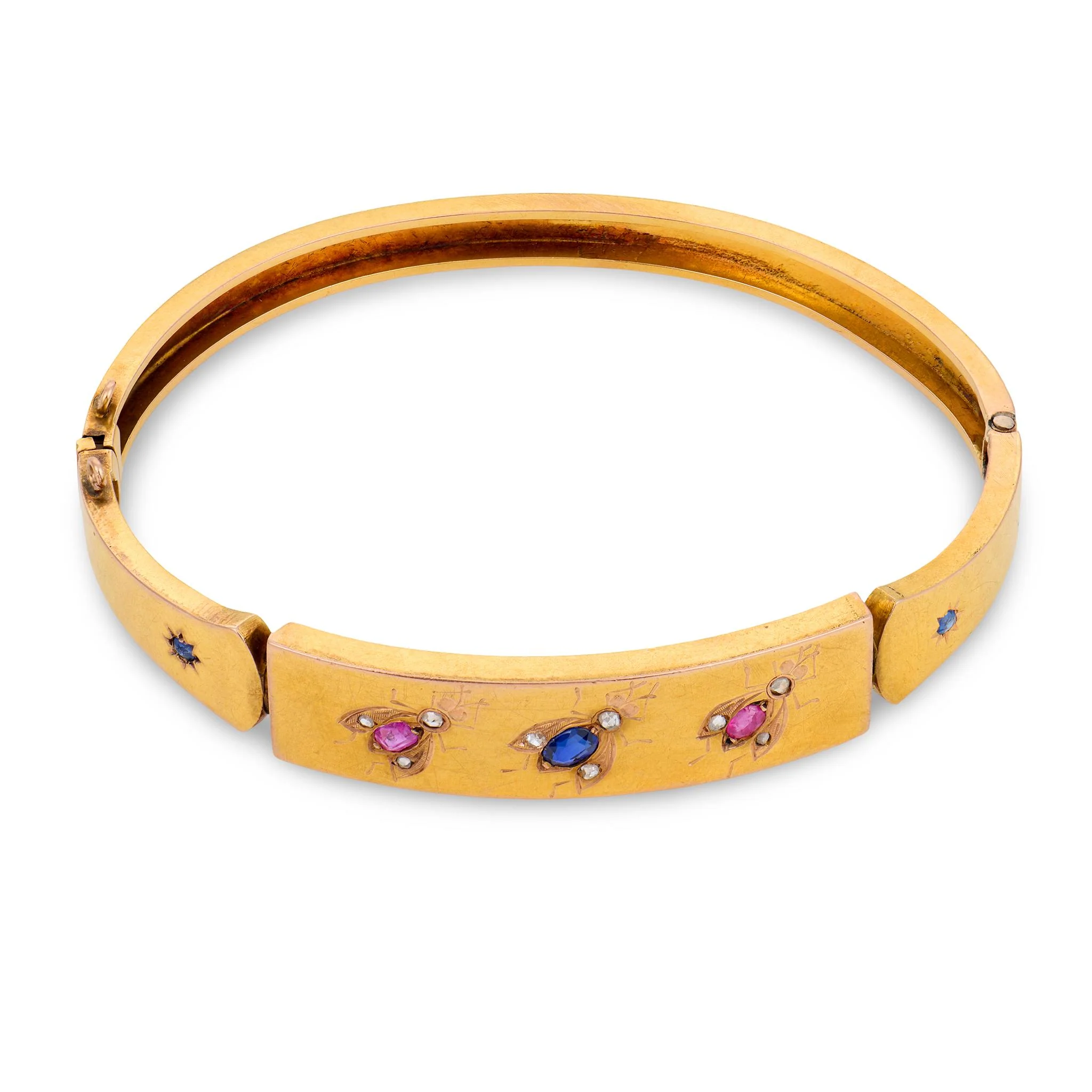 Victorian French 18k Sapphire, Ruby, & Diamond Fly-Motif Bangle - Image 2