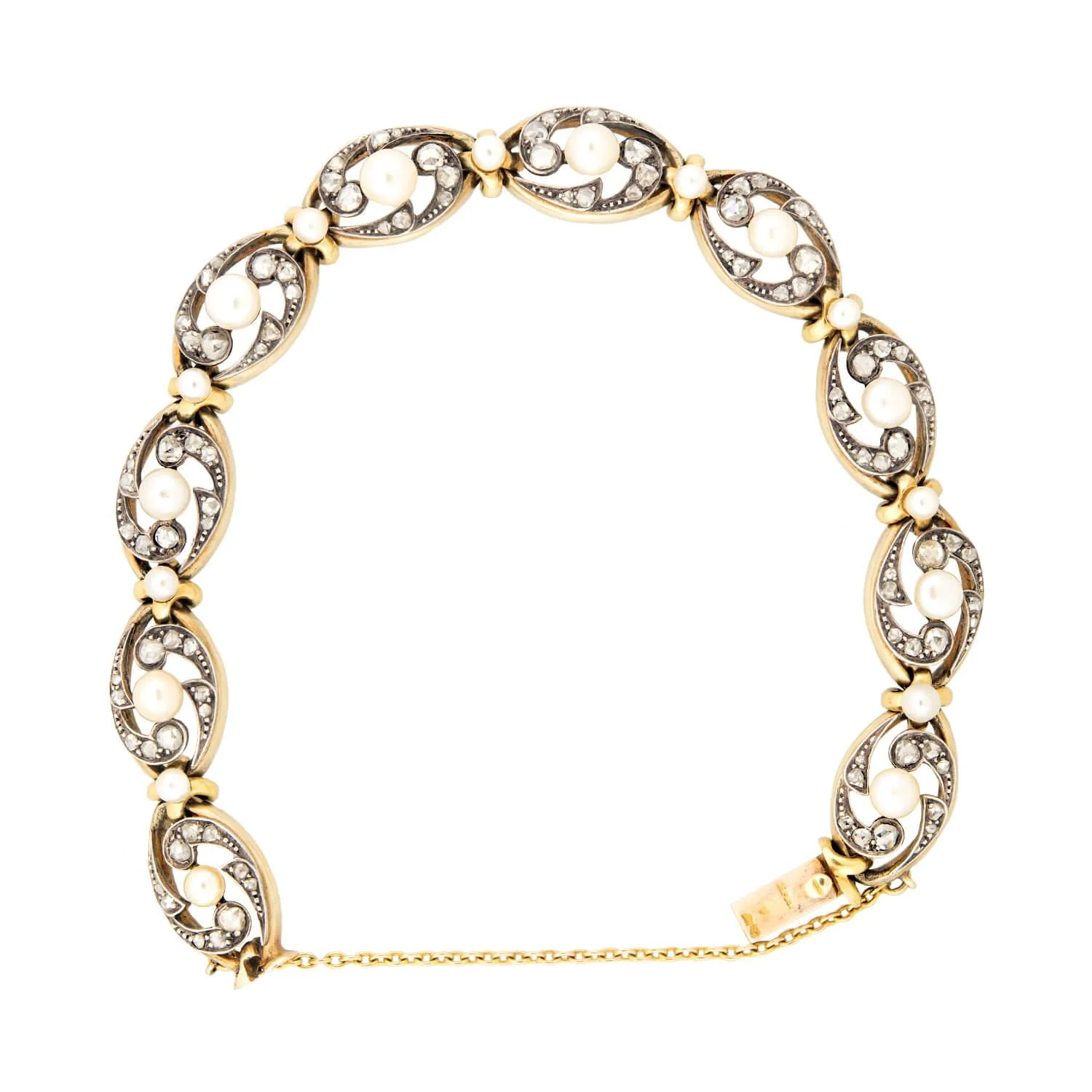 Victorian French 18k/Sterling Silver Pearl and Diamond Bracelet - Image 3
