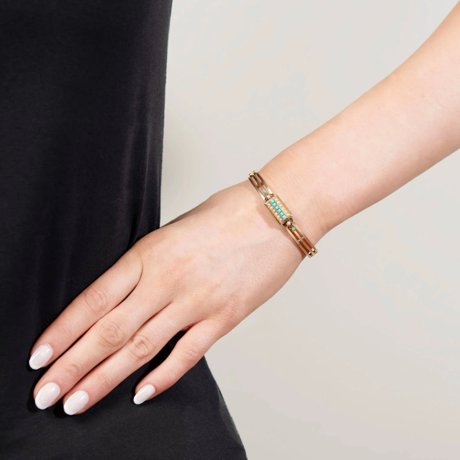 Victorian French 18k Turquoise and Pearl Bangle Bracelet - Image 7