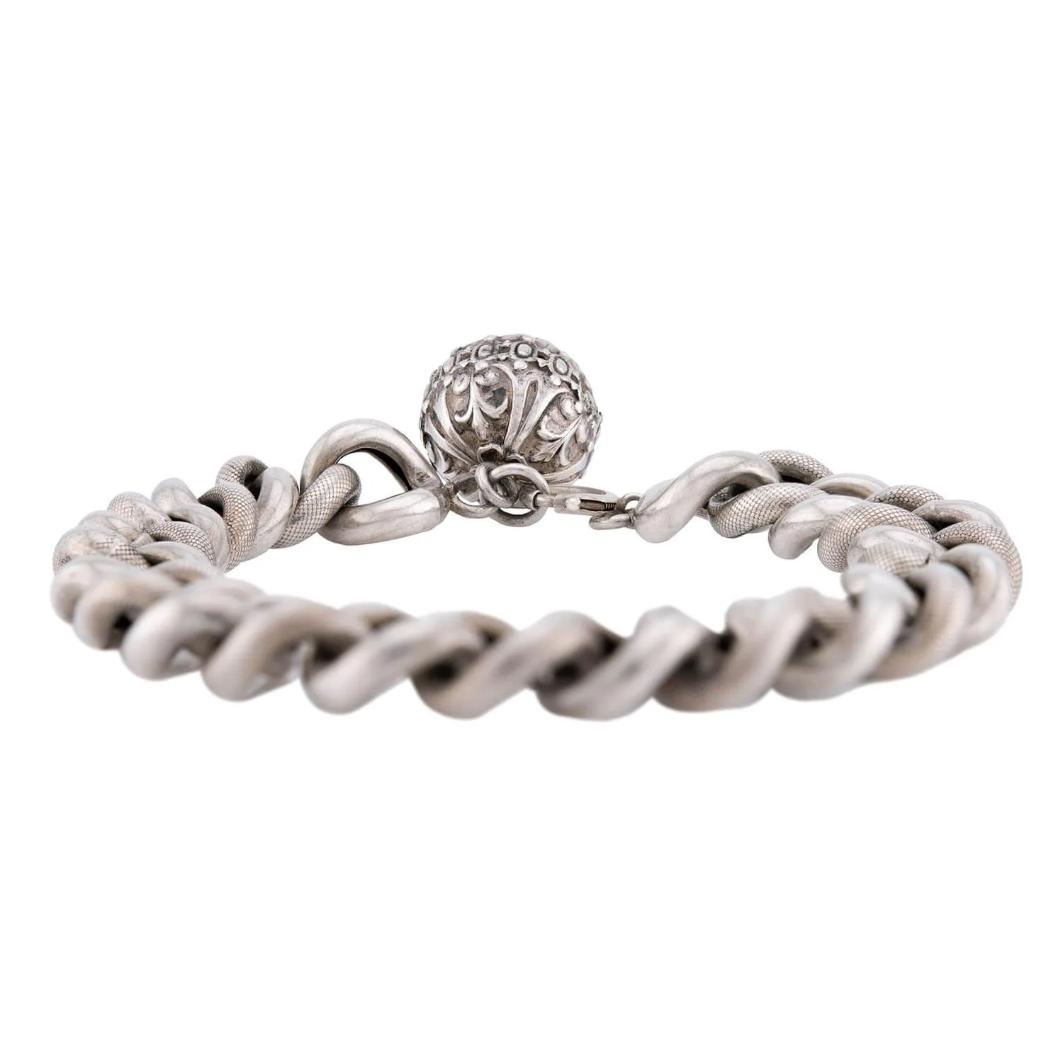Victorian French Sterling Silver Curb Link & Repoussé Ball Charm Bracelet - Image 5