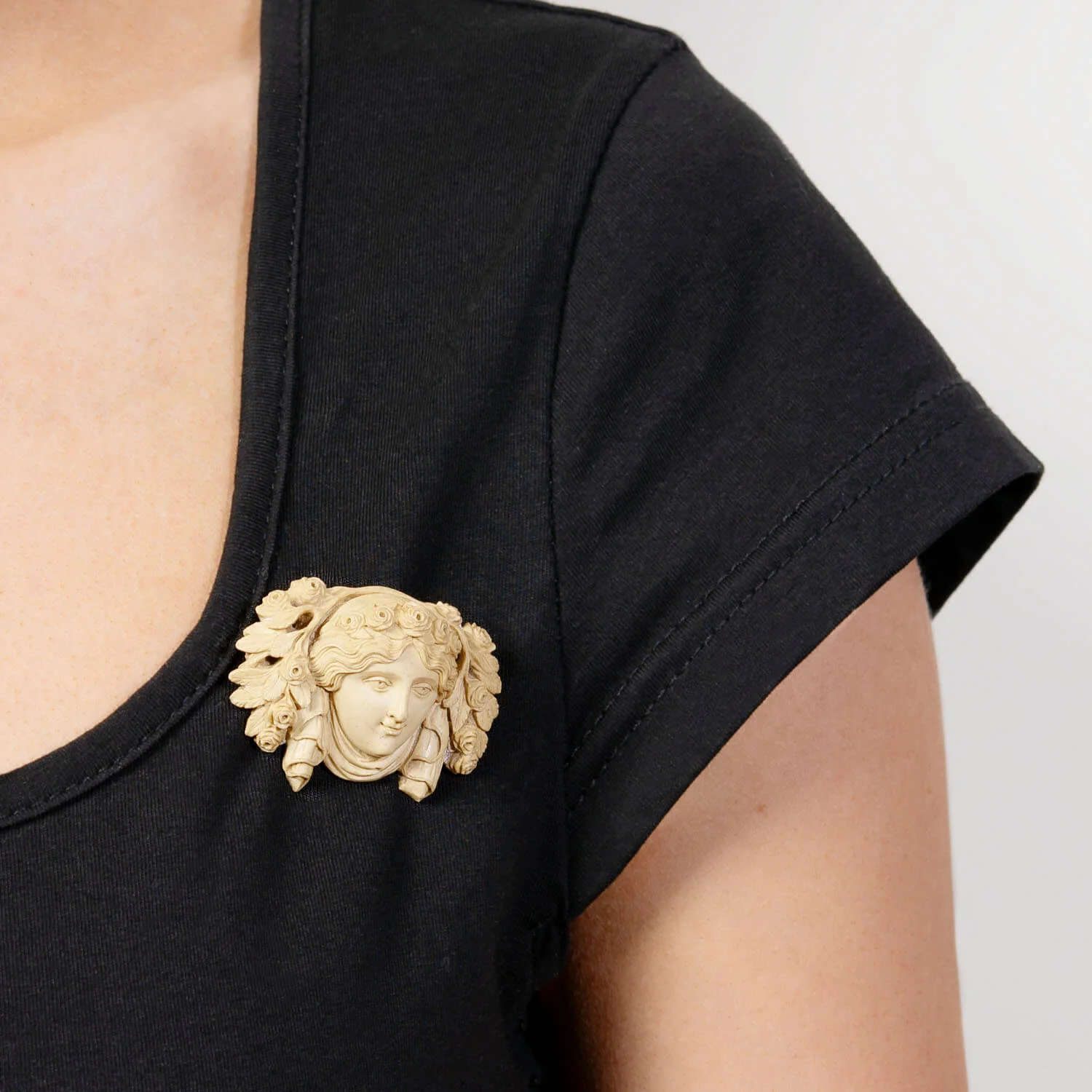 Victorian Gold Filled Carved Lava Womans Face with Flowers Pin - Image 4