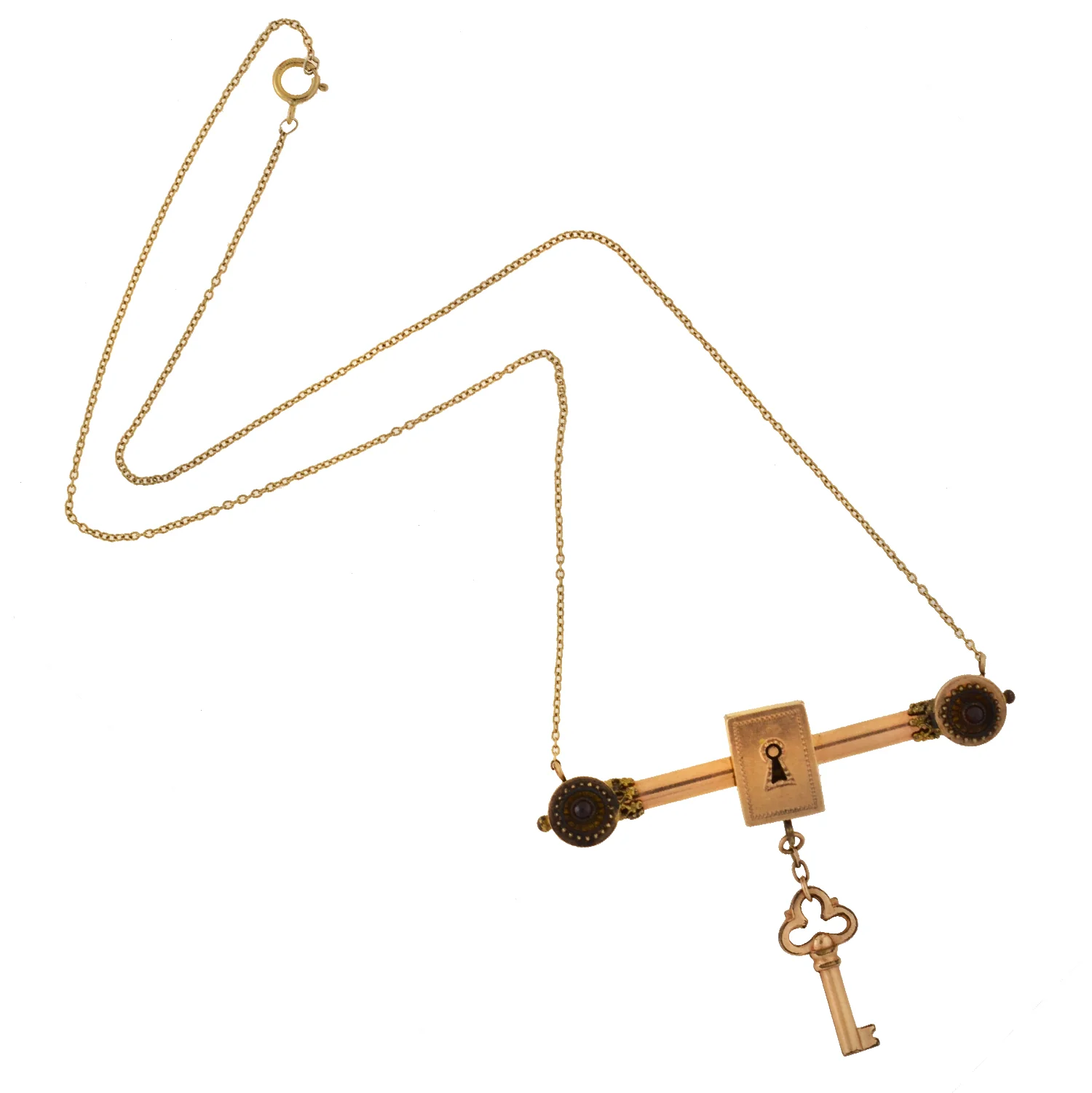 Victorian Gold-Filled Garnet Padlock + Key Necklace 16" - Image 2