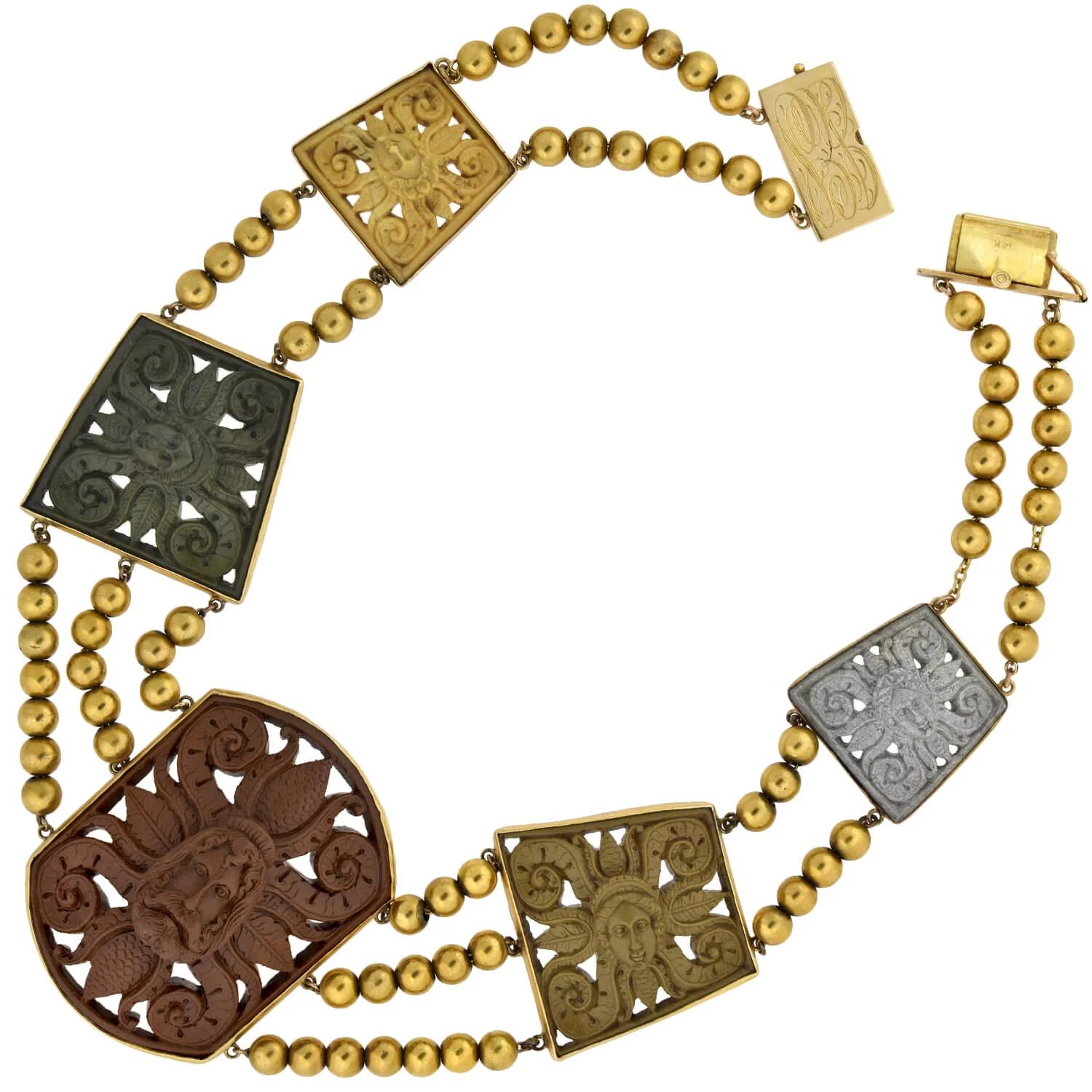 Victorian Large 14kt Hand Carved Lava Cameo Link Necklace - Image 2