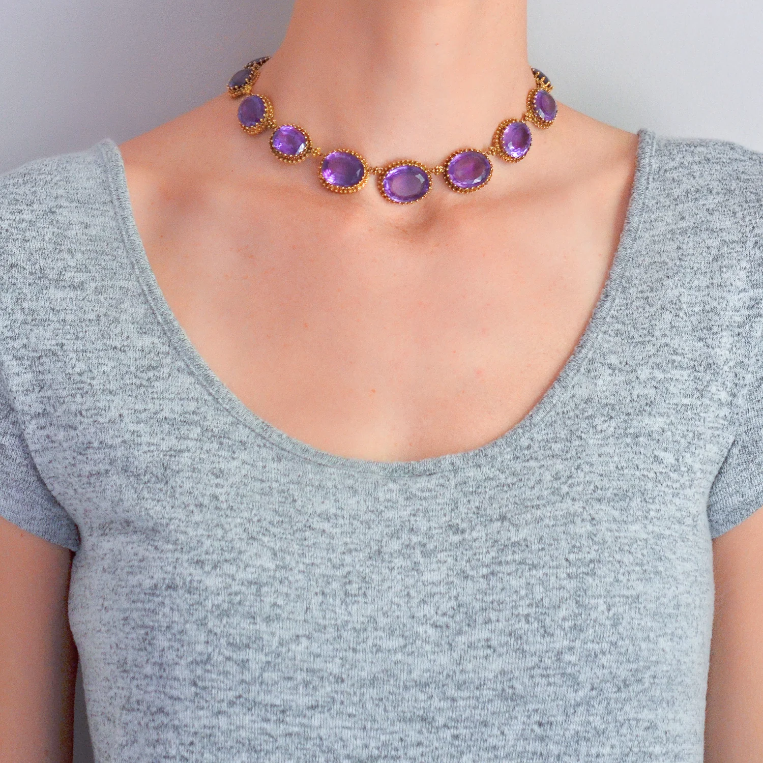 Victorian Large 15kt Faceted Amethyst + Cannetille Wirework Link Necklace 14.5" - Image 8