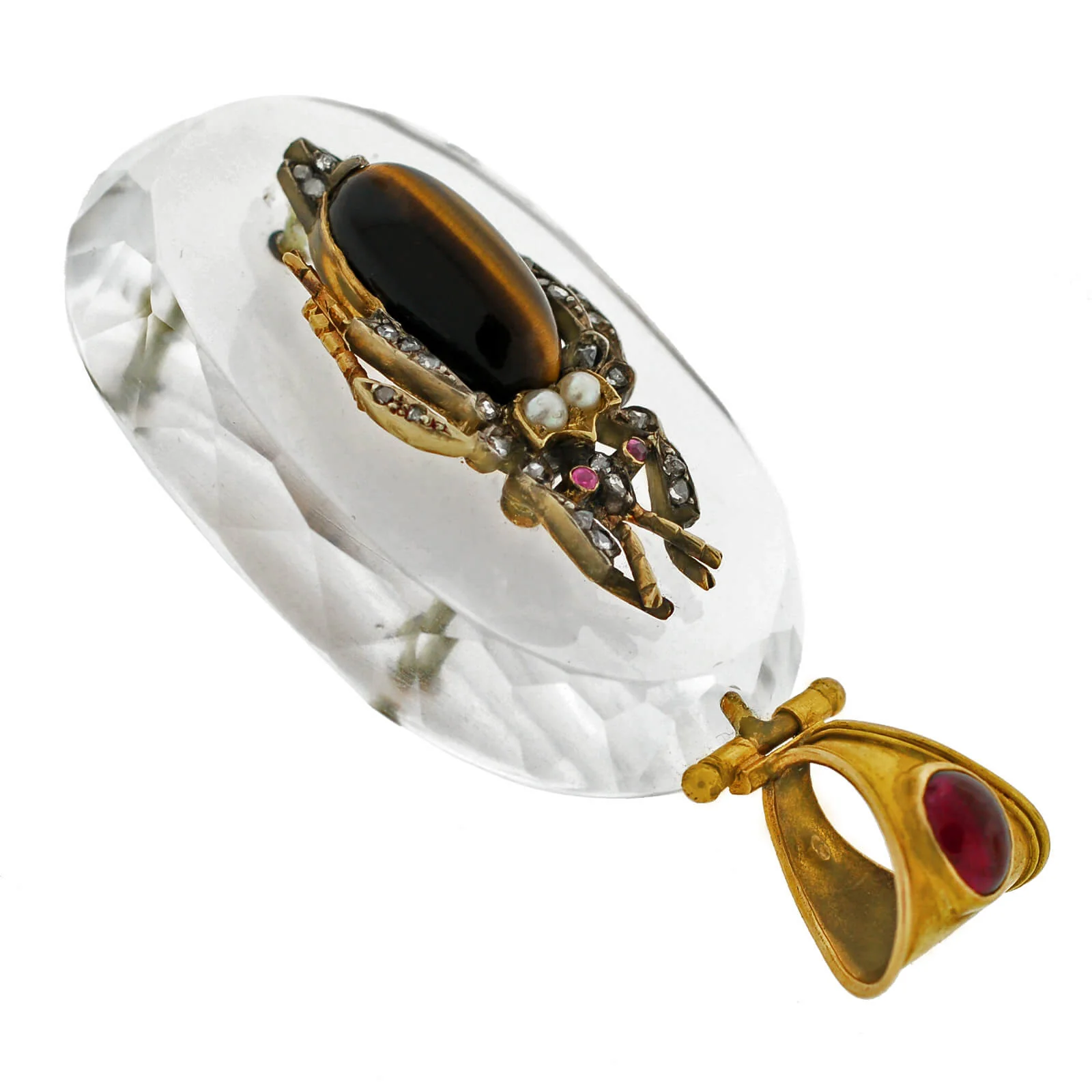 Victorian Large 18kt Rock Crystal, Diamond, Garnet + Tiger Eye Bug Pendant - Image 2