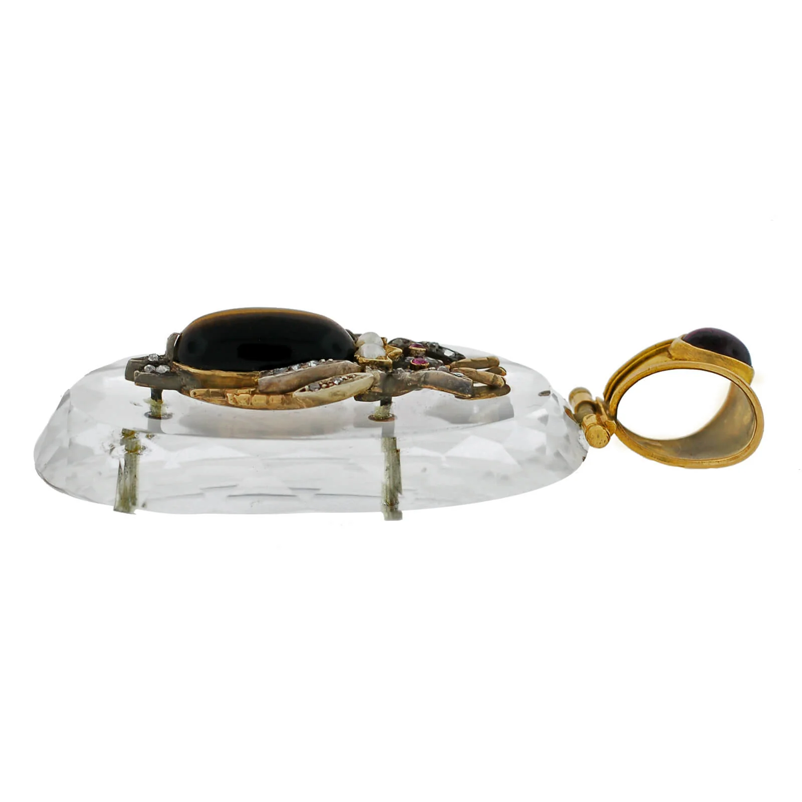 Victorian Large 18kt Rock Crystal, Diamond, Garnet + Tiger Eye Bug Pendant - Image 3