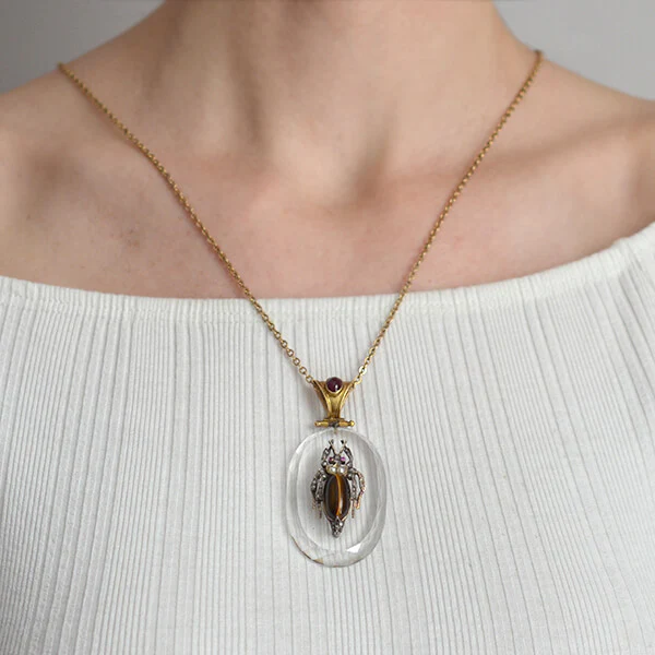 Victorian Large 18kt Rock Crystal, Diamond, Garnet + Tiger Eye Bug Pendant - Image 9