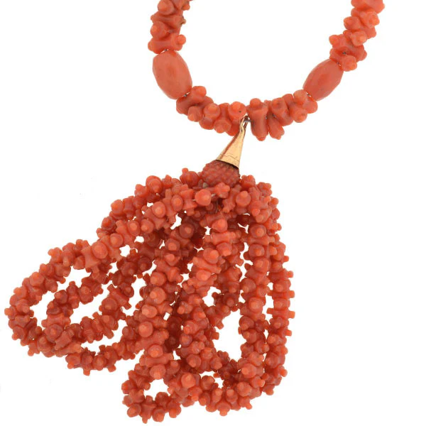 Victorian Natural Carved Coral Beaded Tassel Necklace - Image 4