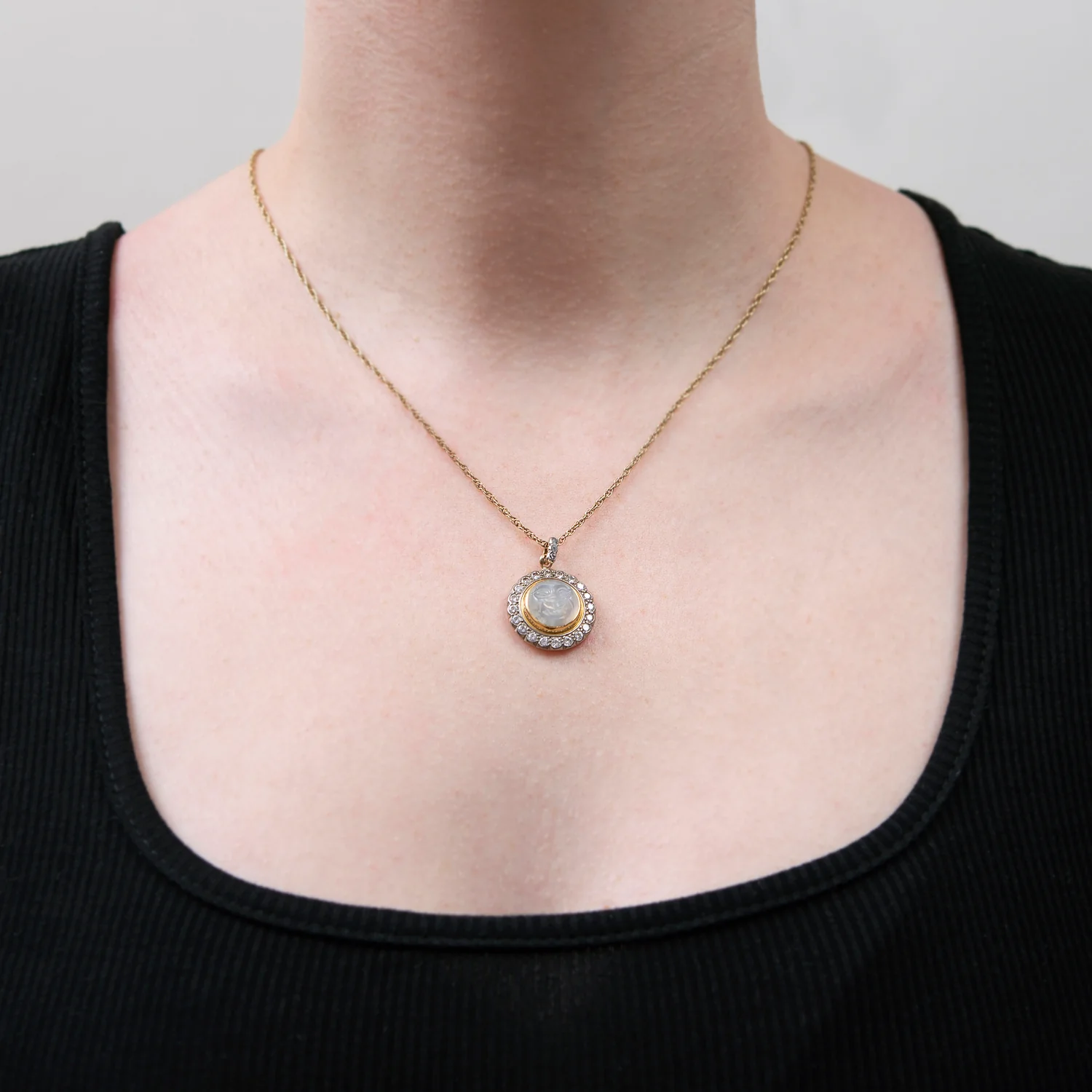 Victorian Revival 14k Carved Moonstone + Diamond "Man in the Moon" Pendant - Image 4