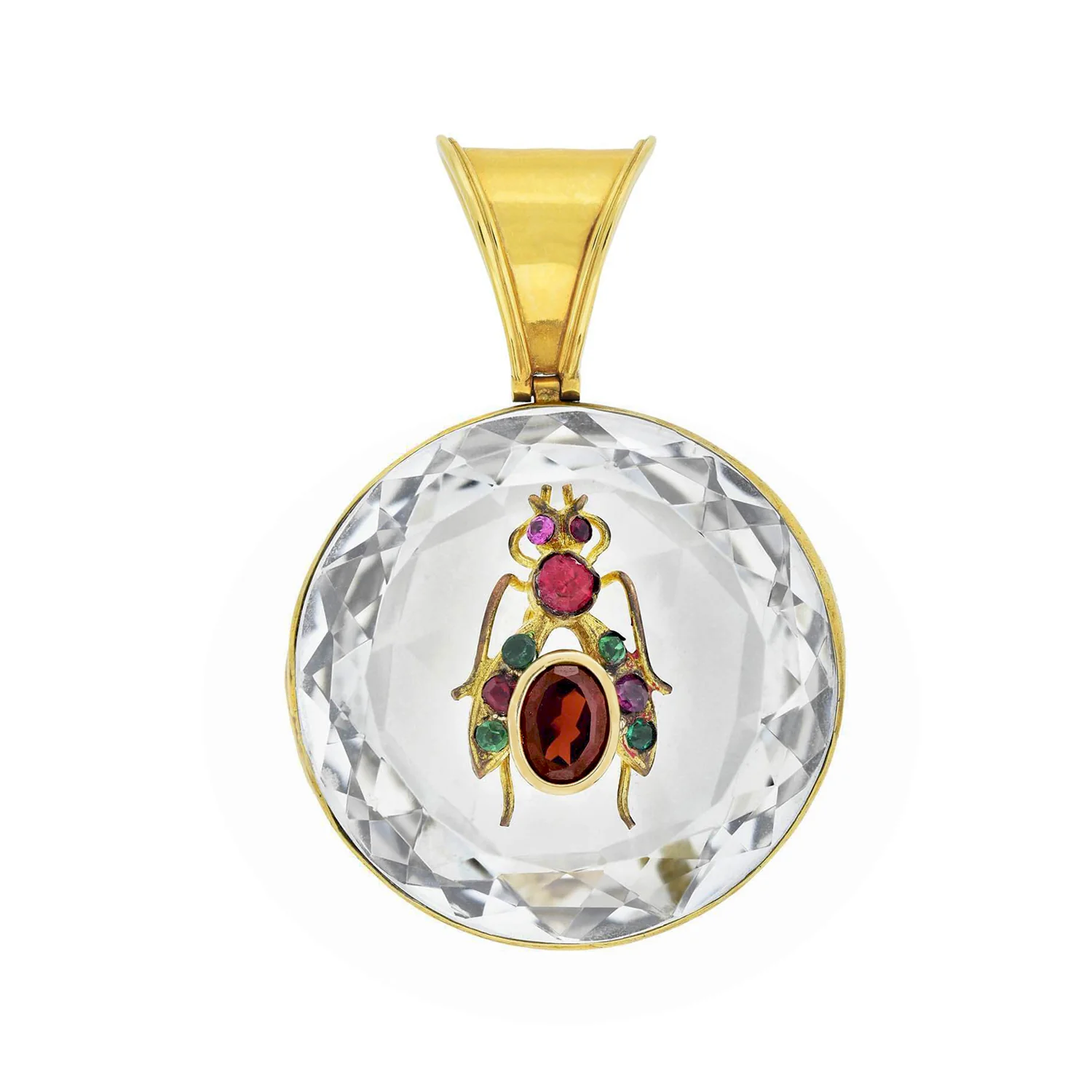 Victorian Rock Crystal, Ruby, Garnet + Emerald Insect Pendant