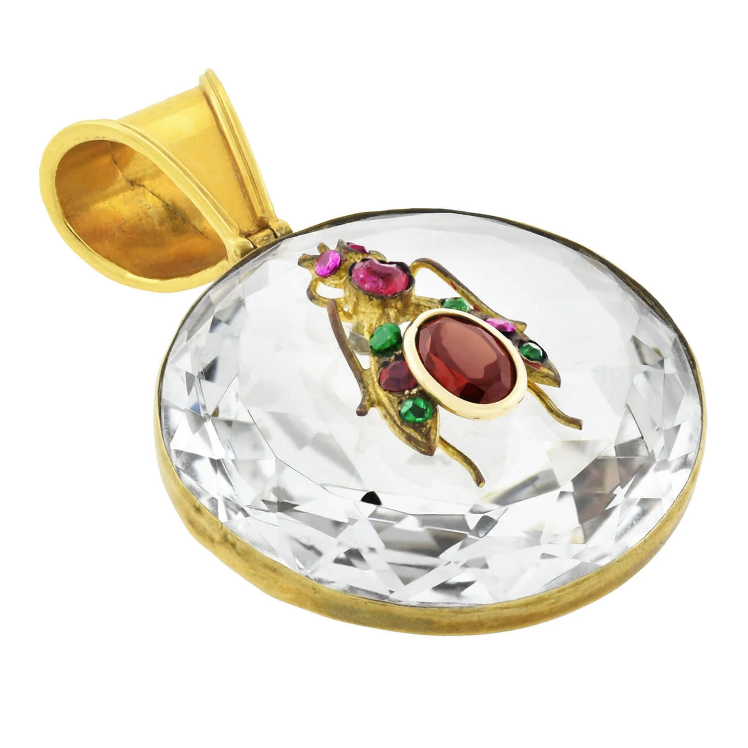Victorian Rock Crystal, Ruby, Garnet + Emerald Insect Pendant - Image 2