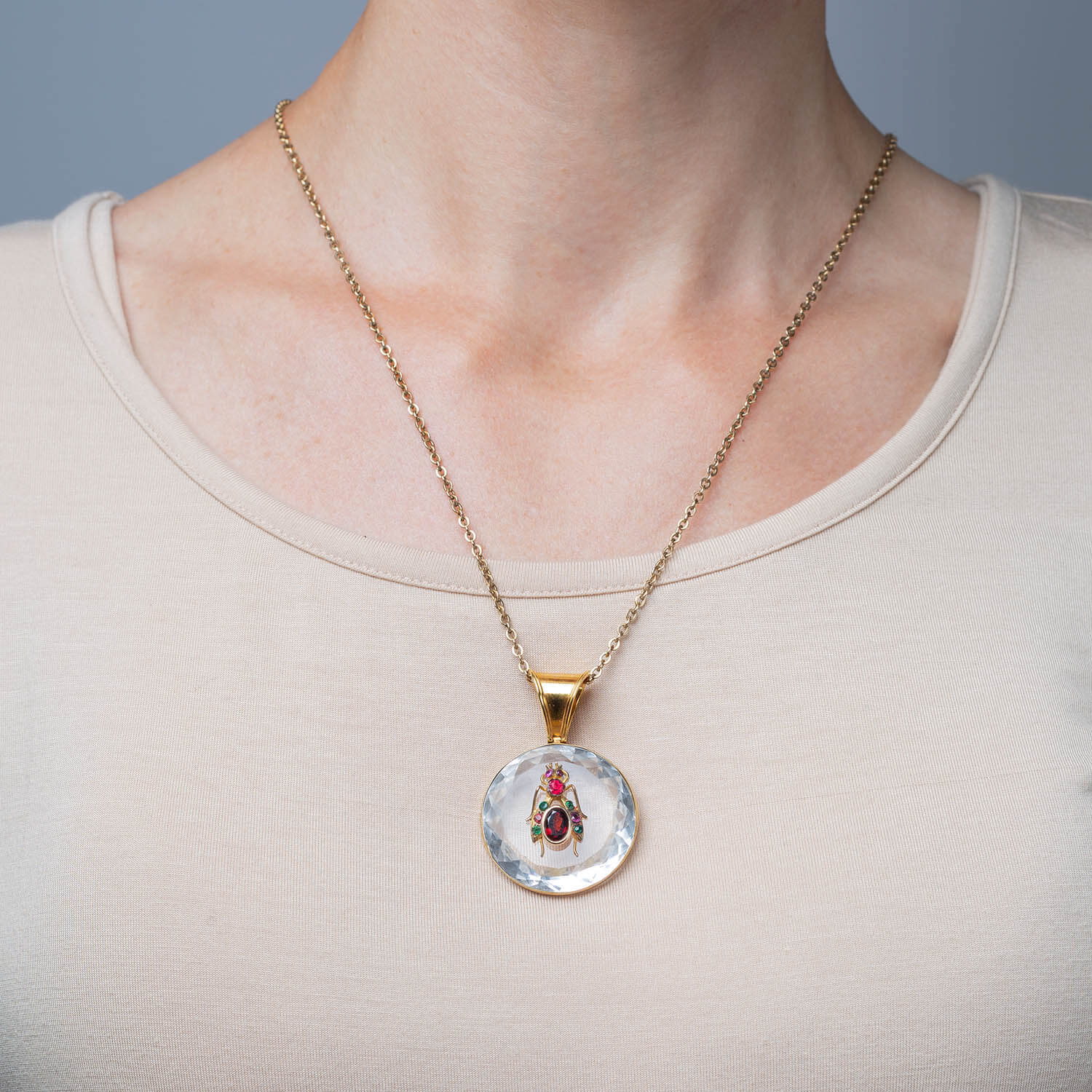 Victorian Rock Crystal, Ruby, Garnet + Emerald Insect Pendant - Image 6