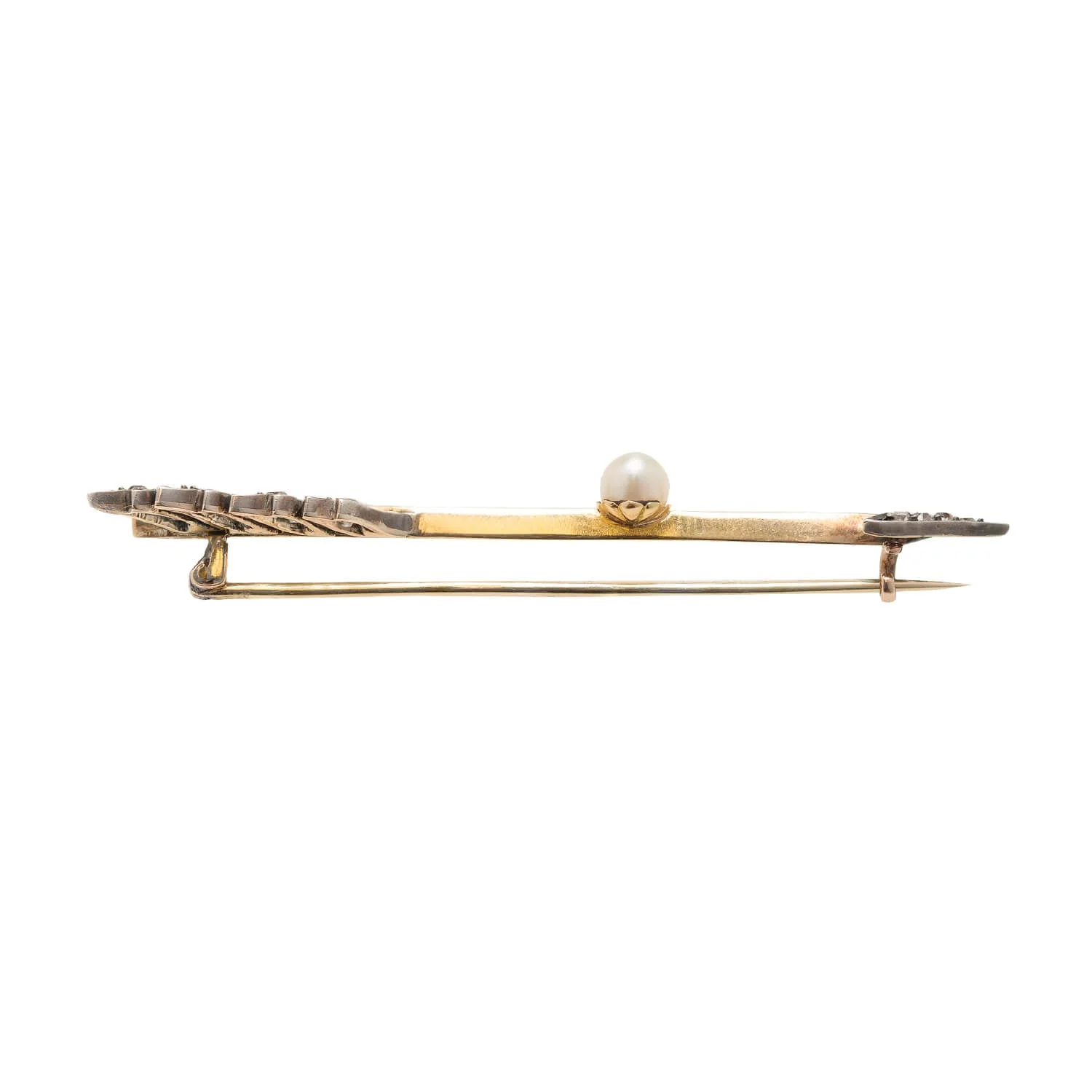 Victorian Silver-Topped 15k Pearl + Diamond Arrow Pin - Image 2