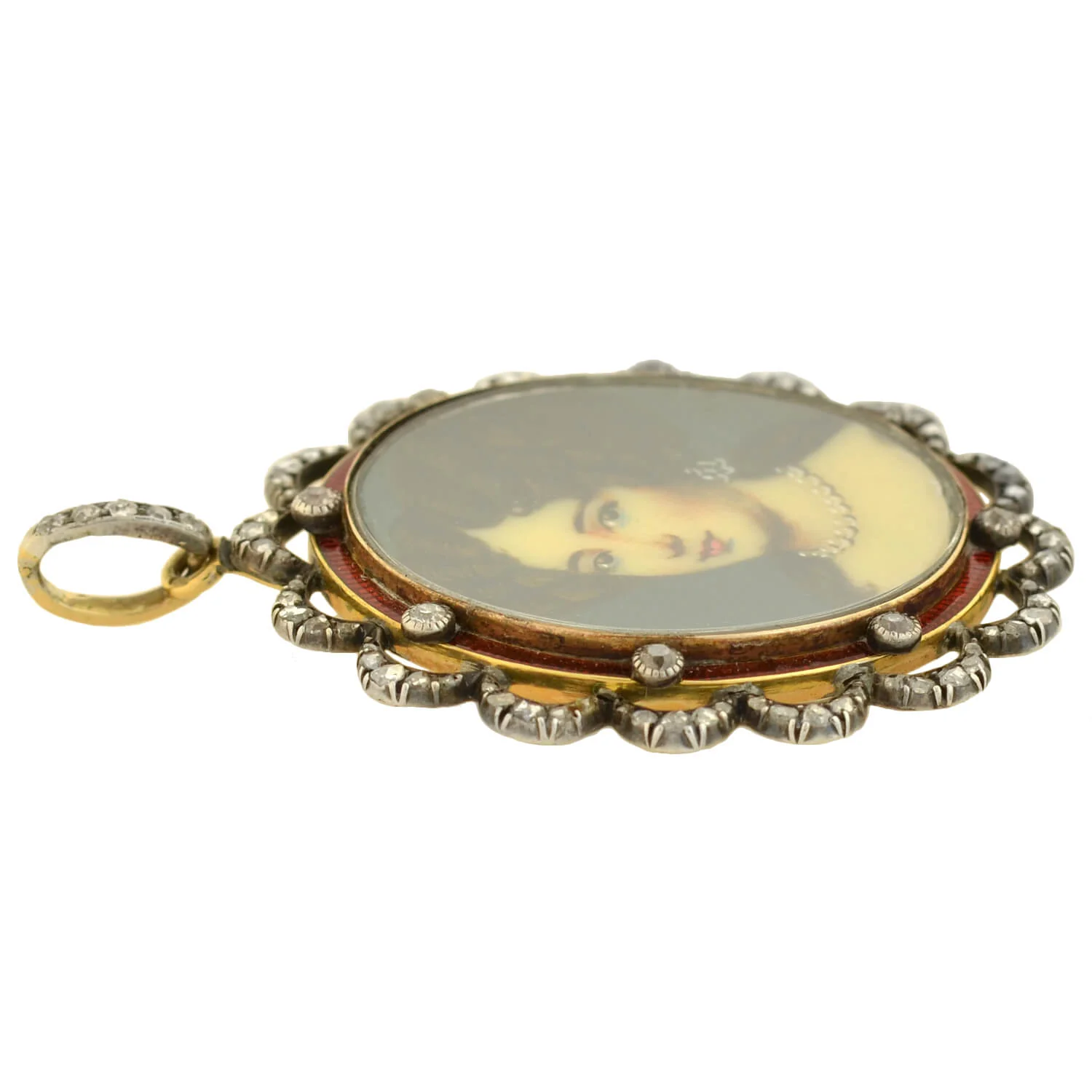 Victorian Sterling/14kt Enameled Diamond + Painted Portrait Locket Pendant - Image 3