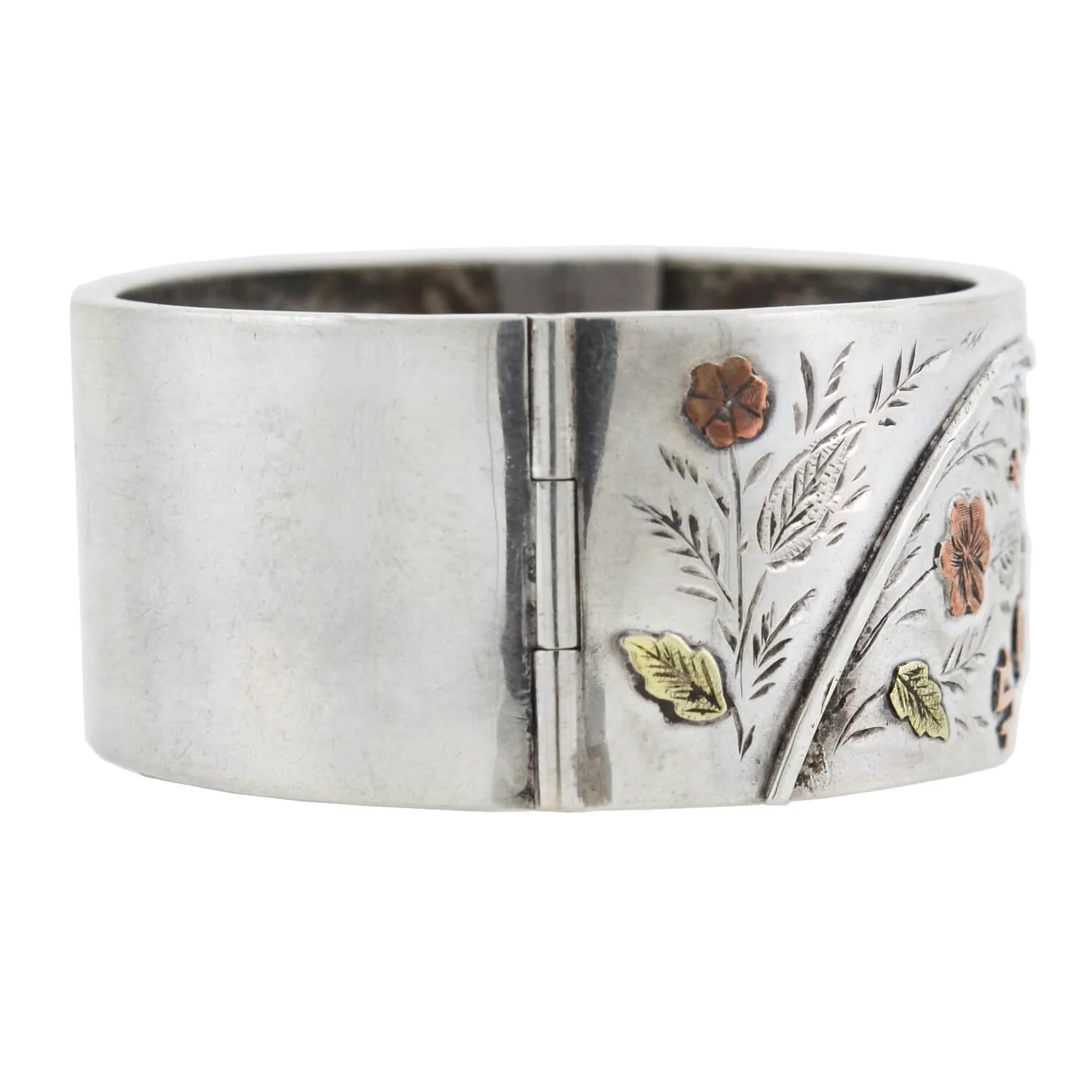 Victorian Sterling/9kt Mixed Metals "Souvenir" Floral Bangle Bracelet - Image 2