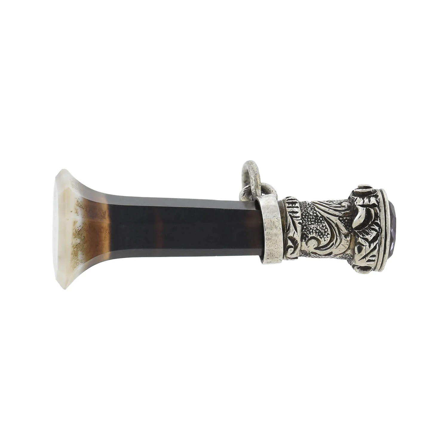 Victorian Sterling Banded Agate + Amethyst "M" Fob - Image 2