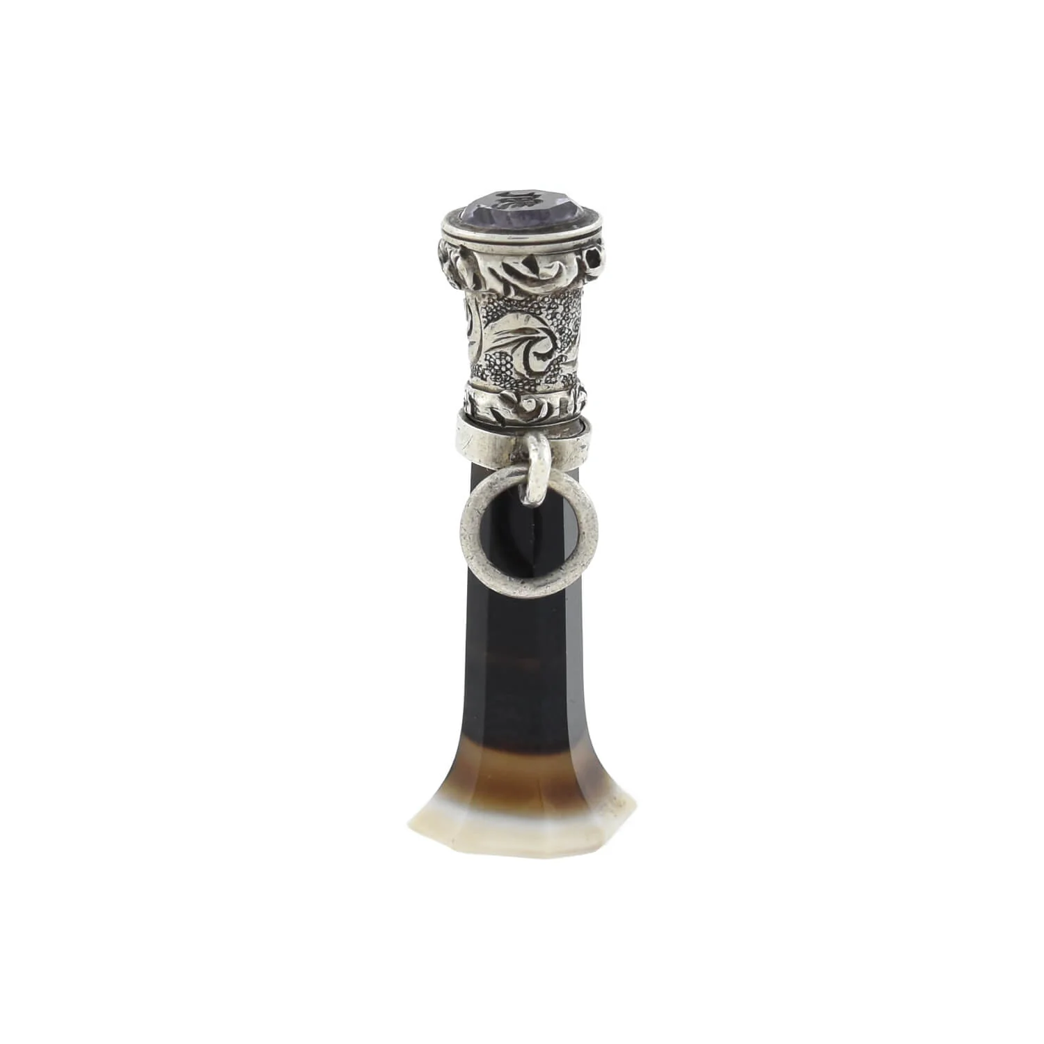 Victorian Sterling Banded Agate + Amethyst "M" Fob - Image 3