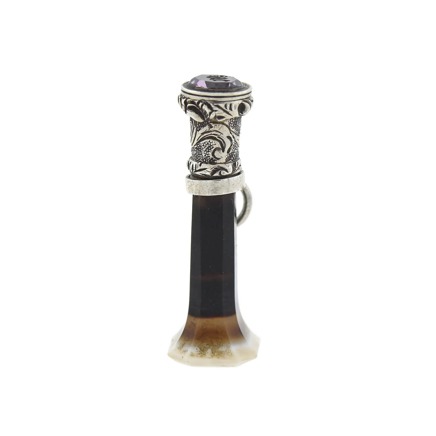 Victorian Sterling Banded Agate + Amethyst "M" Fob - Image 4