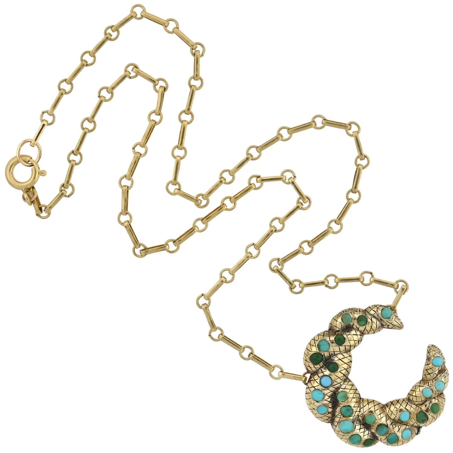 Victorian Sterling Gilt Turquoise Crescent Pendant Necklace 16" - Image 2
