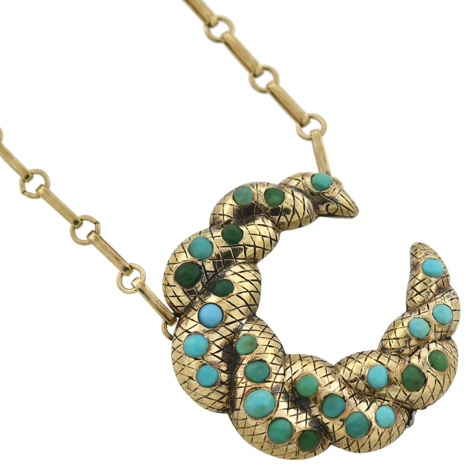Victorian Sterling Gilt Turquoise Crescent Pendant Necklace 16" - Image 3