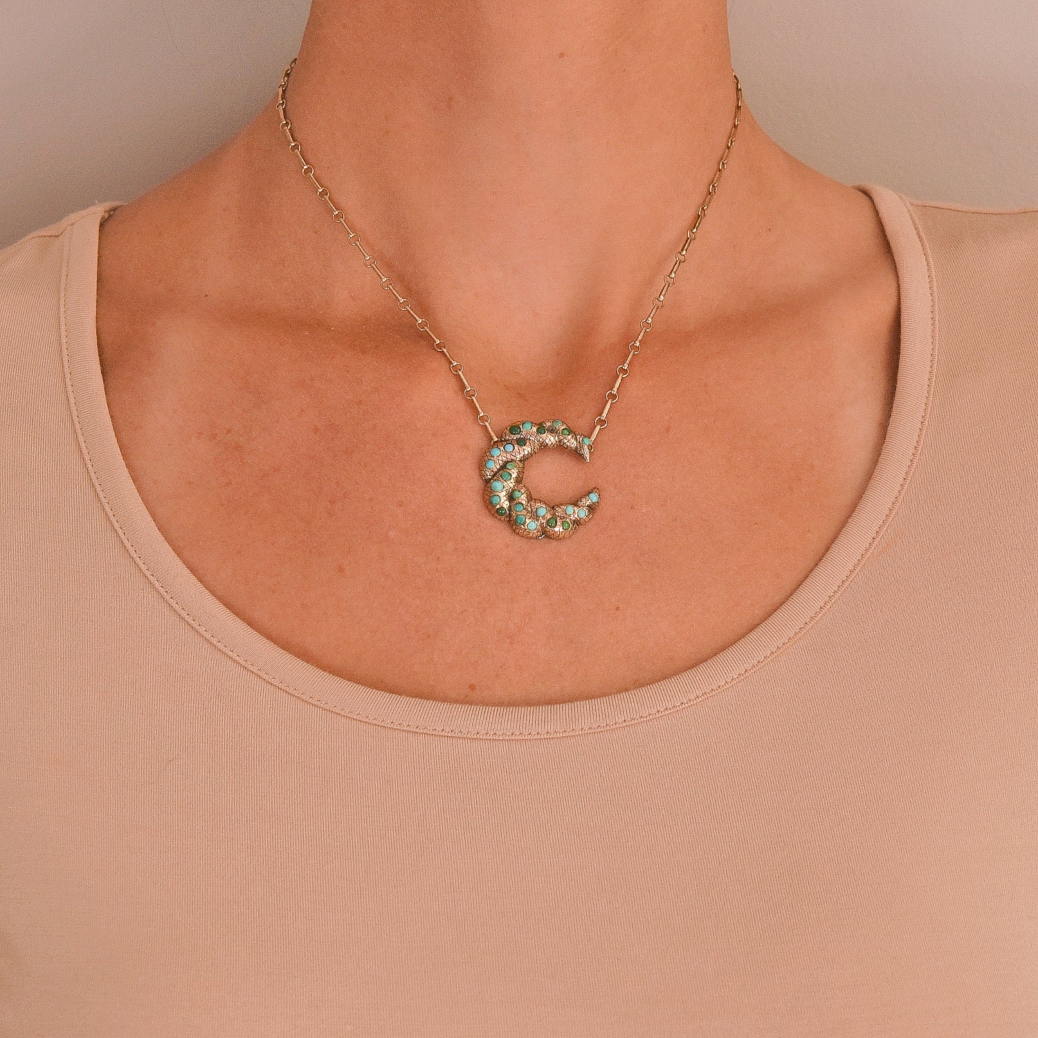 Victorian Sterling Gilt Turquoise Crescent Pendant Necklace 16" - Image 7