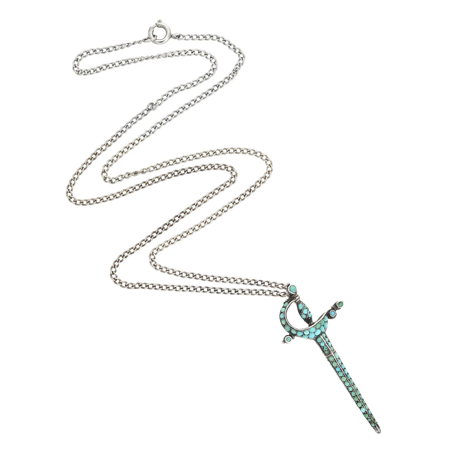Victorian Sterling Pavé Turquoise Rapier Sword Conversion Pendant Necklace - Image 2