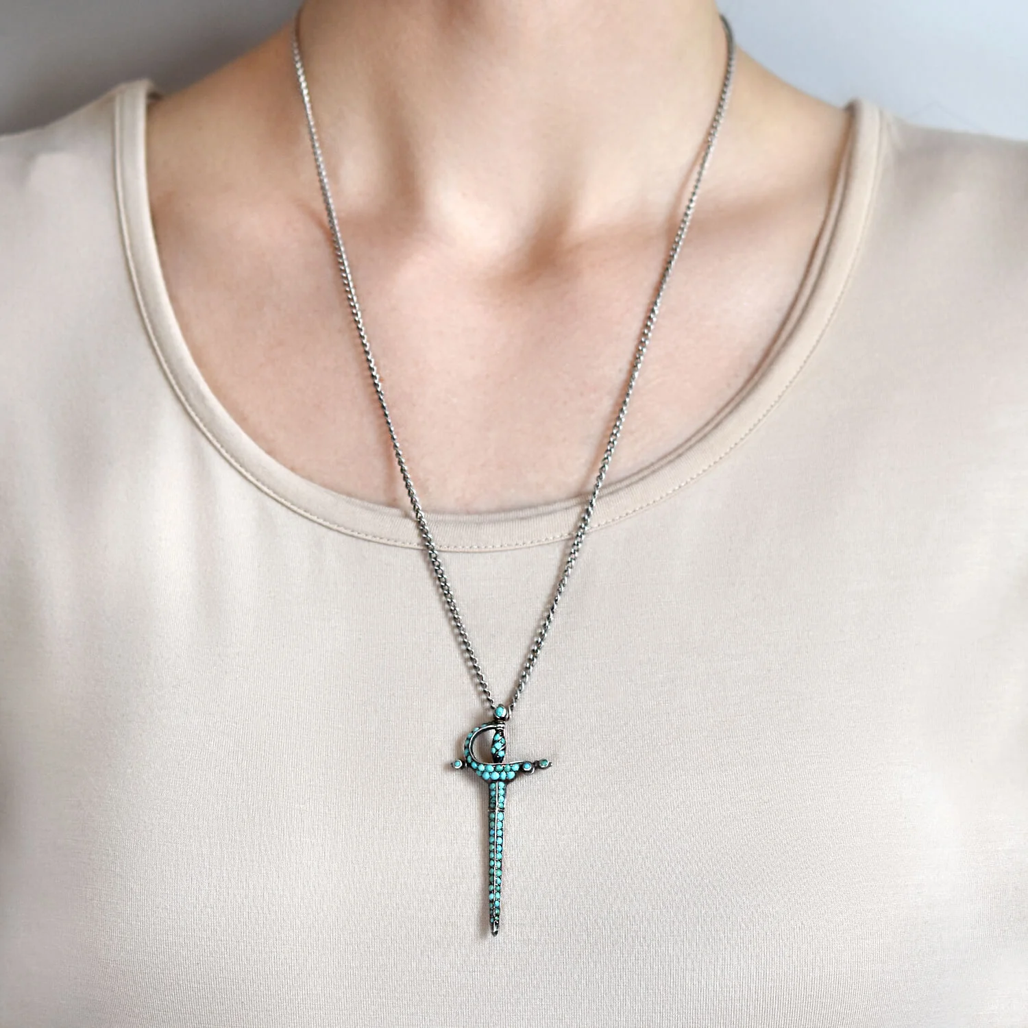 Victorian Sterling Pavé Turquoise Rapier Sword Conversion Pendant Necklace - Image 6