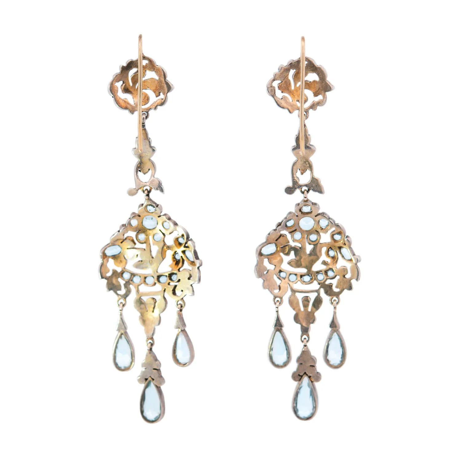 Victorian Silver/14k Large Aqua & Diamond Chandelier Earrings - Image 3