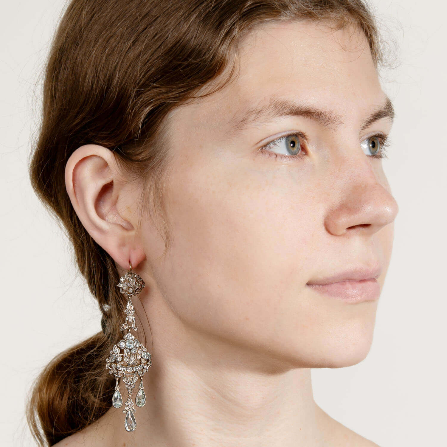 Victorian Silver/14k Large Aqua & Diamond Chandelier Earrings - Image 4