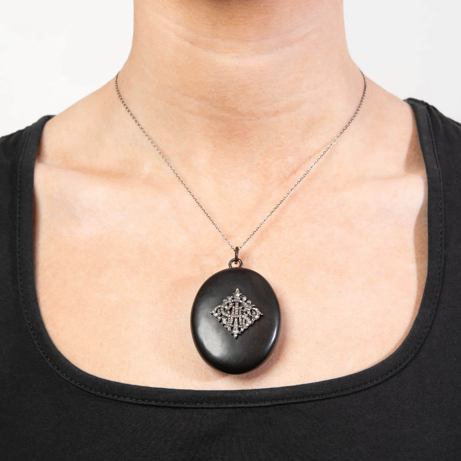 Victorian Sterling Silver Gutta Percha Diamond Locket Pendant - Image 5